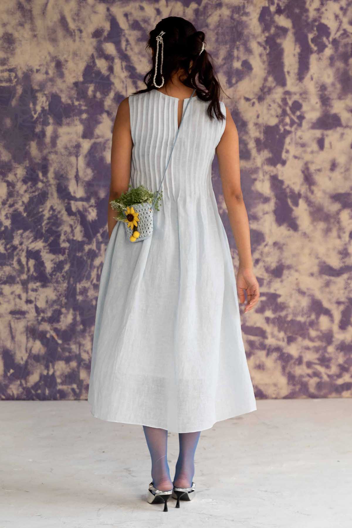 Pastel Blue Linen Pintuck Dress