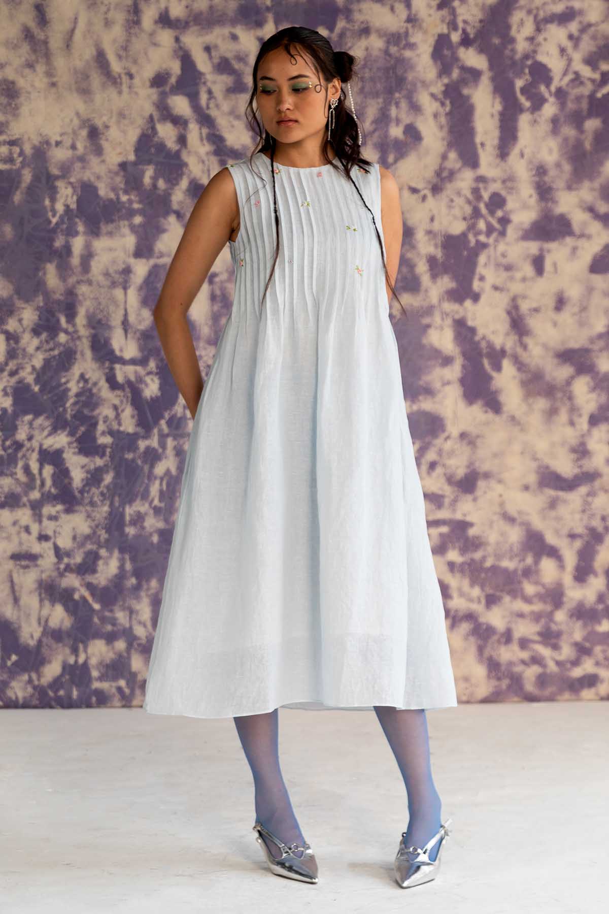 Buy Designer Pastel Blue Linen Pintuck Dress Online