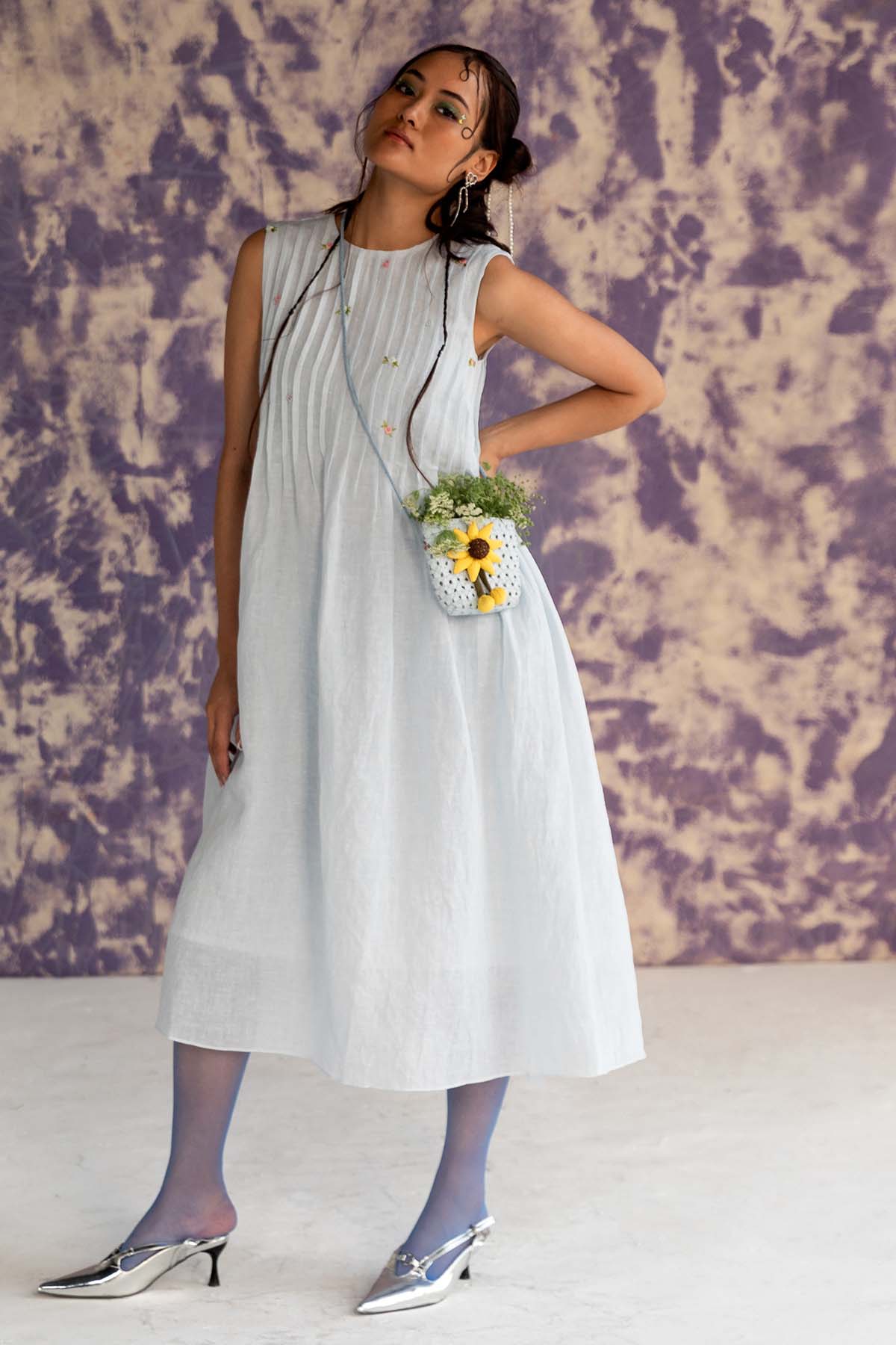 Pastel Blue Linen Pintuck Dress