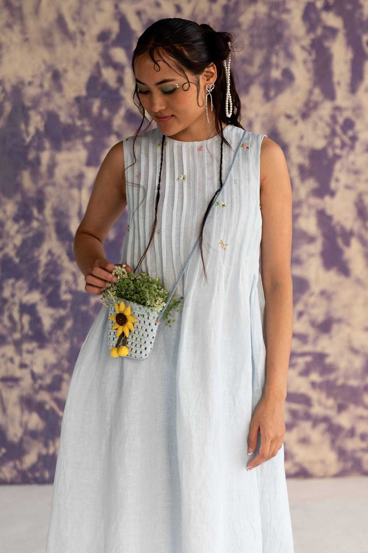 Pastel Blue Linen Pintuck Dress