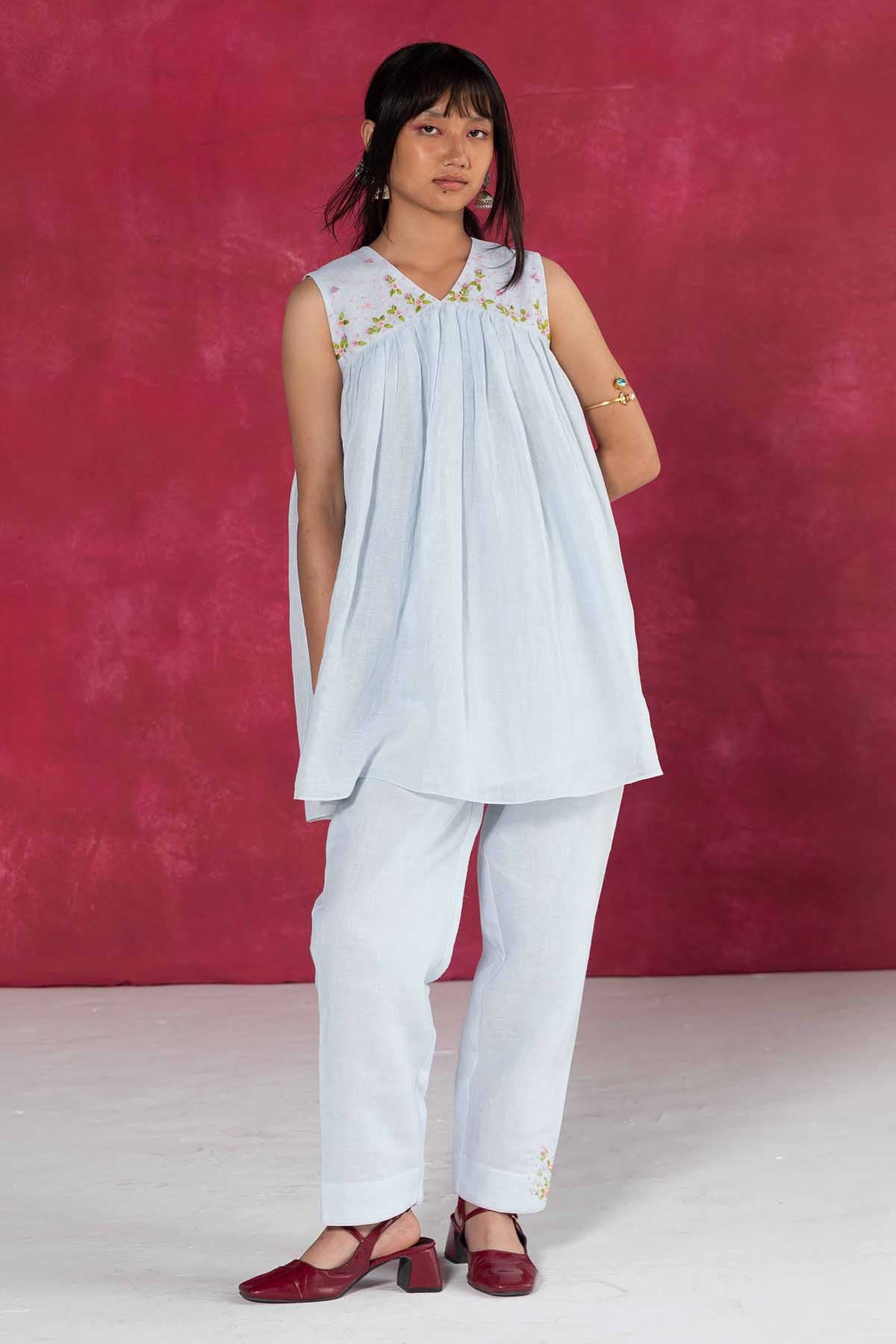 Pastel Blue Linen Sleeveless Top