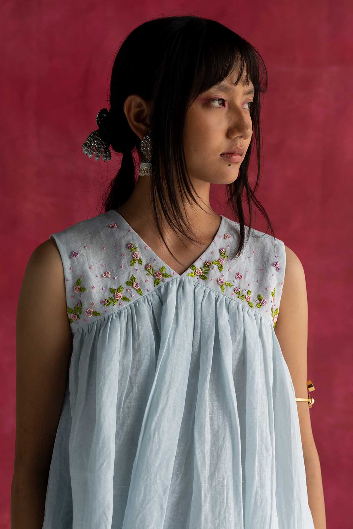 Pastel Blue Linen Sleeveless Top