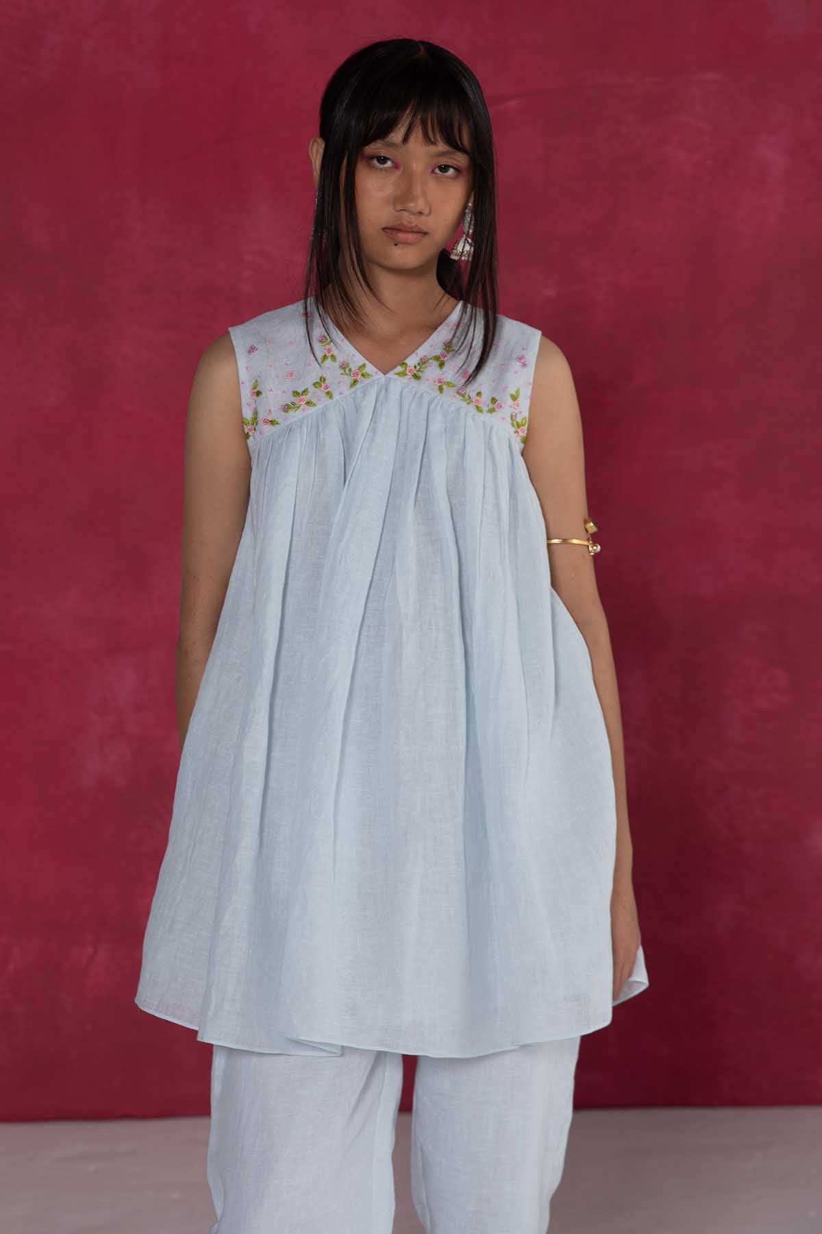 Buy Pastel Blue Linen Sleeveless Top by Journal by Pranay for women online at ScrollnShops