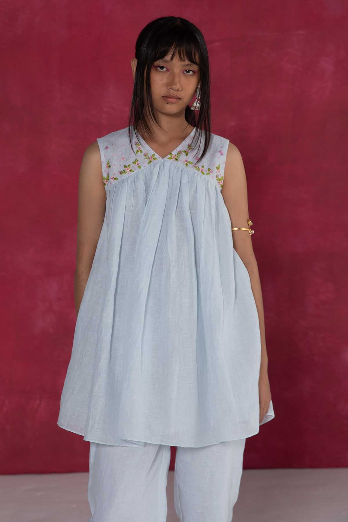 Buy Designer Pastel Blue Linen Sleeveless Top Online