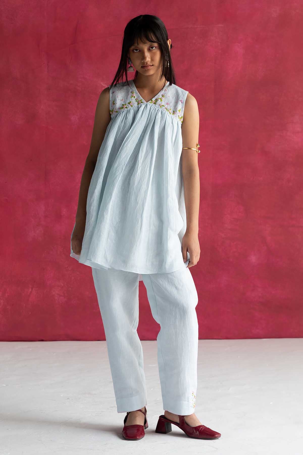 Pastel Blue Linen Sleeveless Top