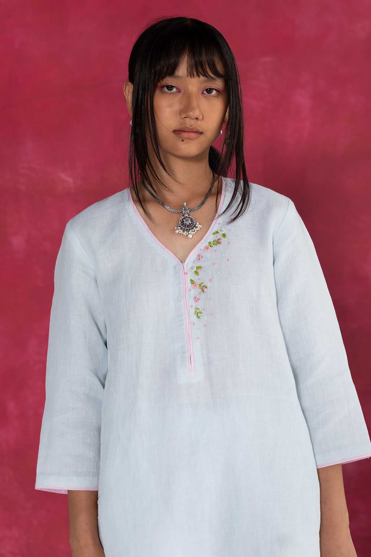 Pastel Blue V-Neck Top & Pants