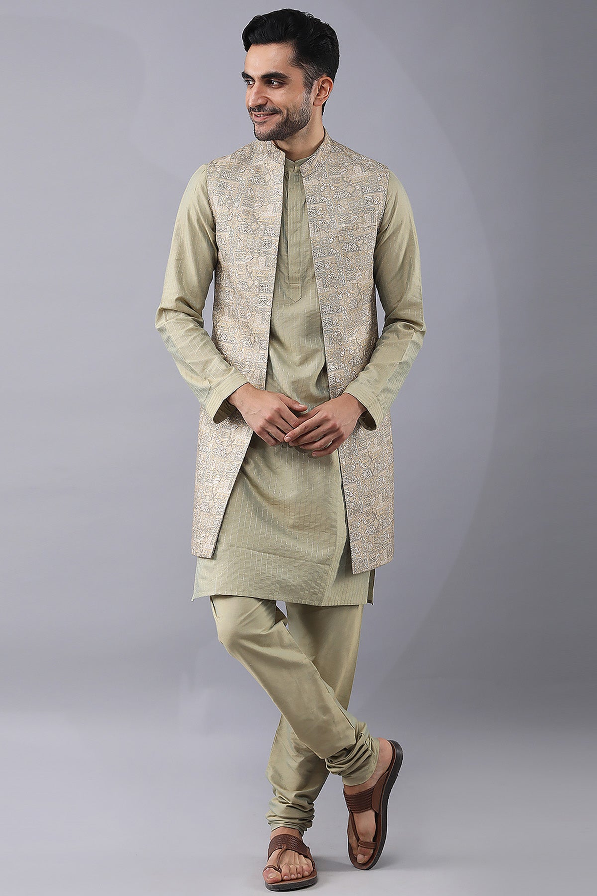 Buy Pastel Gold Printed Jacket Set by Manish Nagdeo for Men online at ScrollnShops