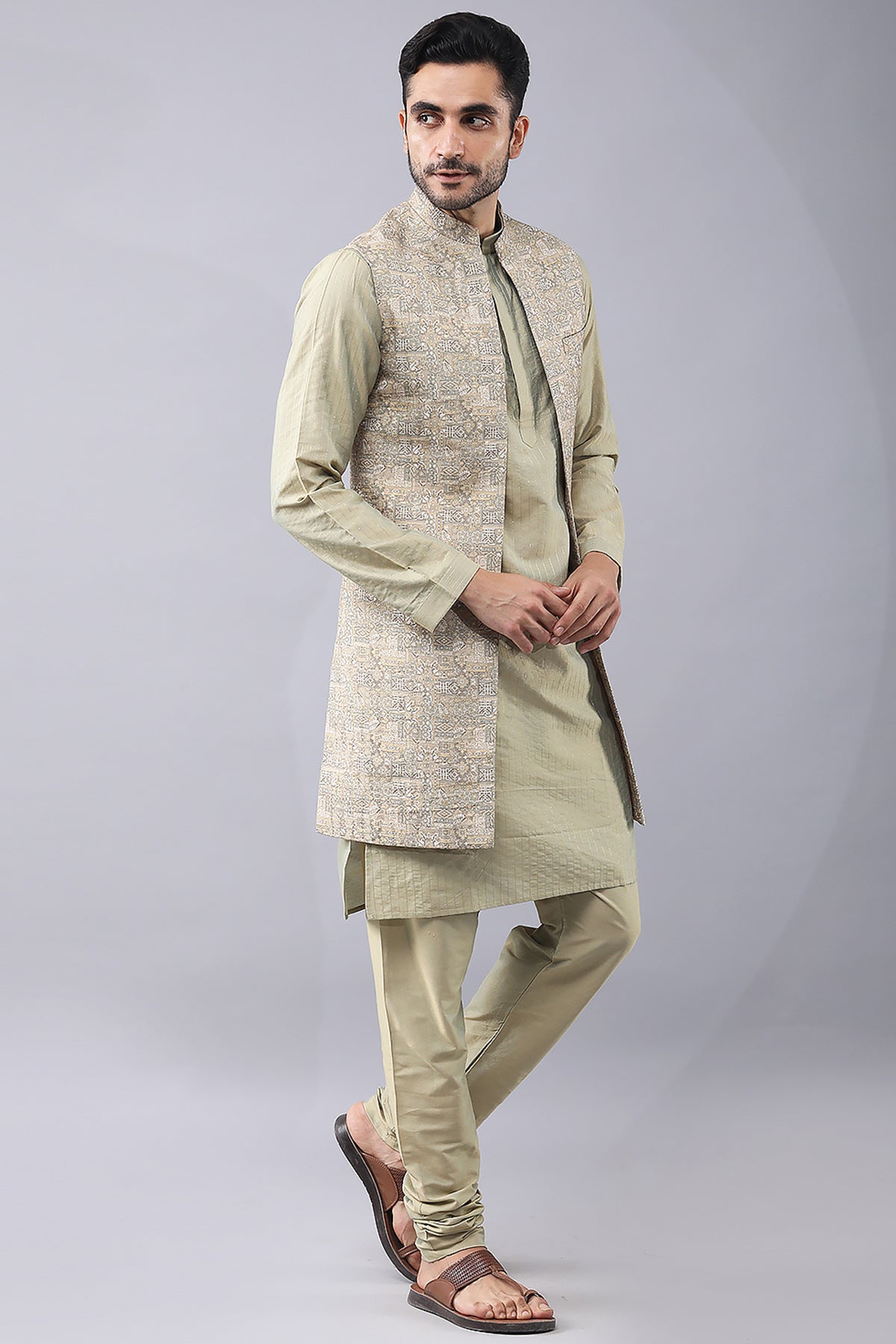 Pastel Gold Printed Jacket Set