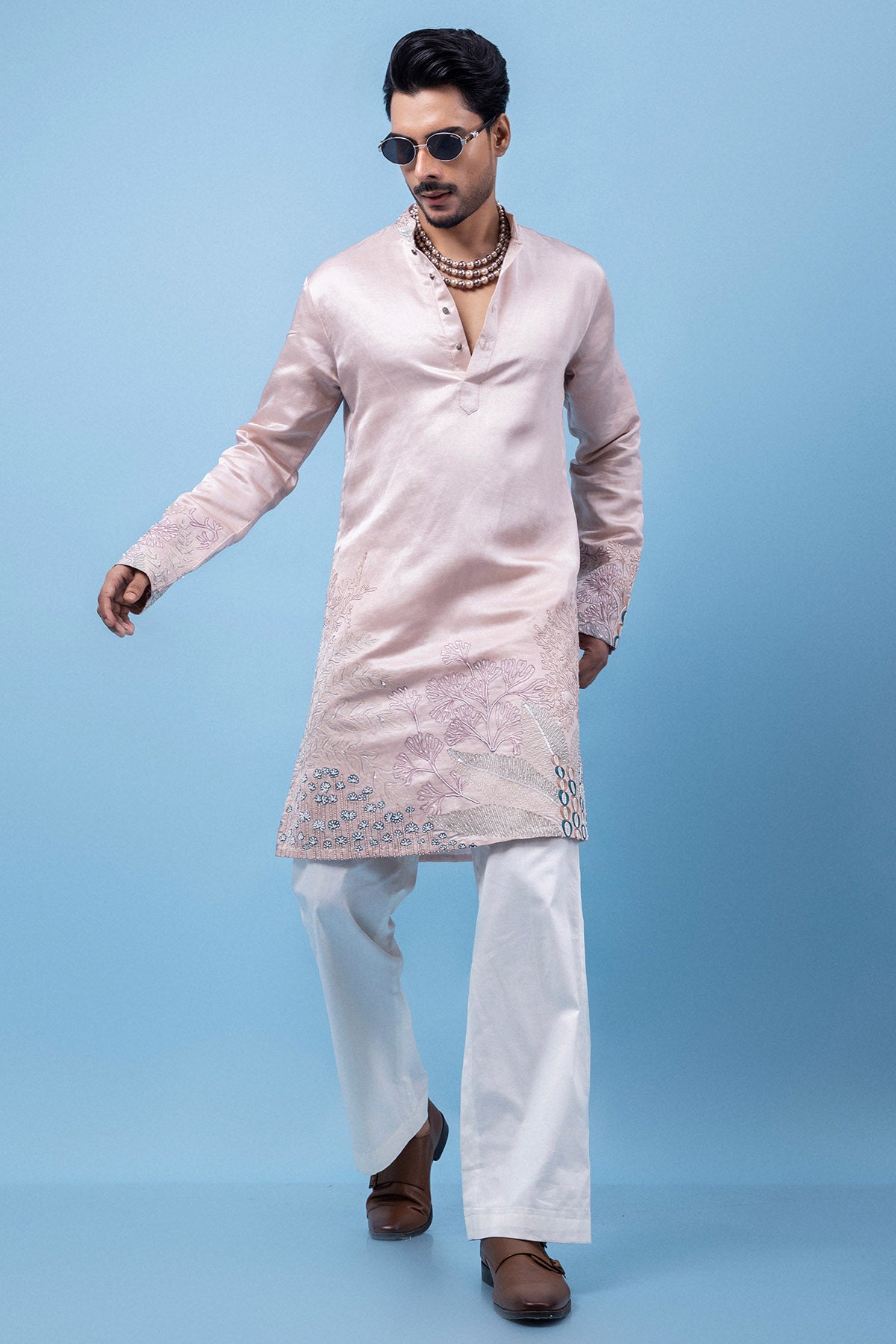 Buy Pastel Pink Beads Pearl Kurta for men by Paarsh Atelier online available at scrollnshops