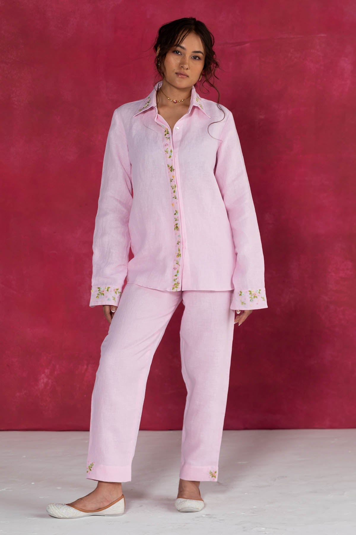 Buy Designer Pastel Pink Embroidered Shirt Online