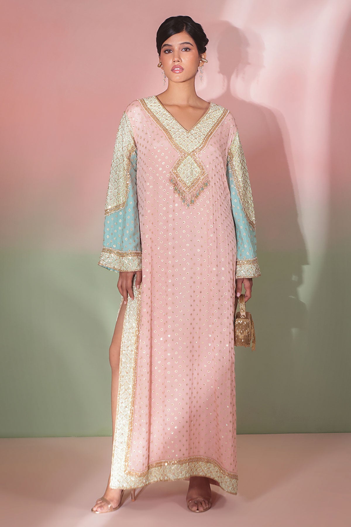 Buy Pastel Pink Georgette Kaftan Set for women by Priyanka Jain online available at scrollnshops