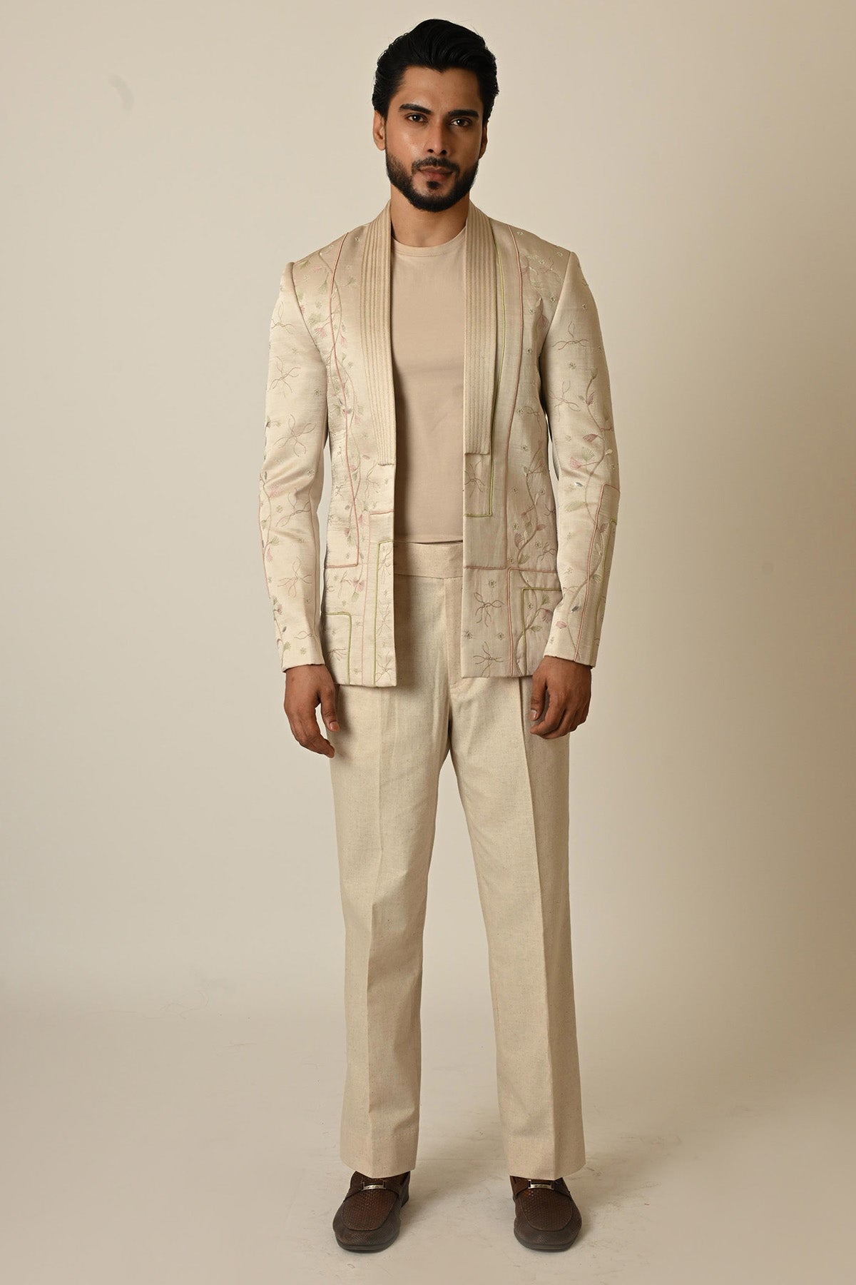 Pastel Pink Leaf Motifs Blazer