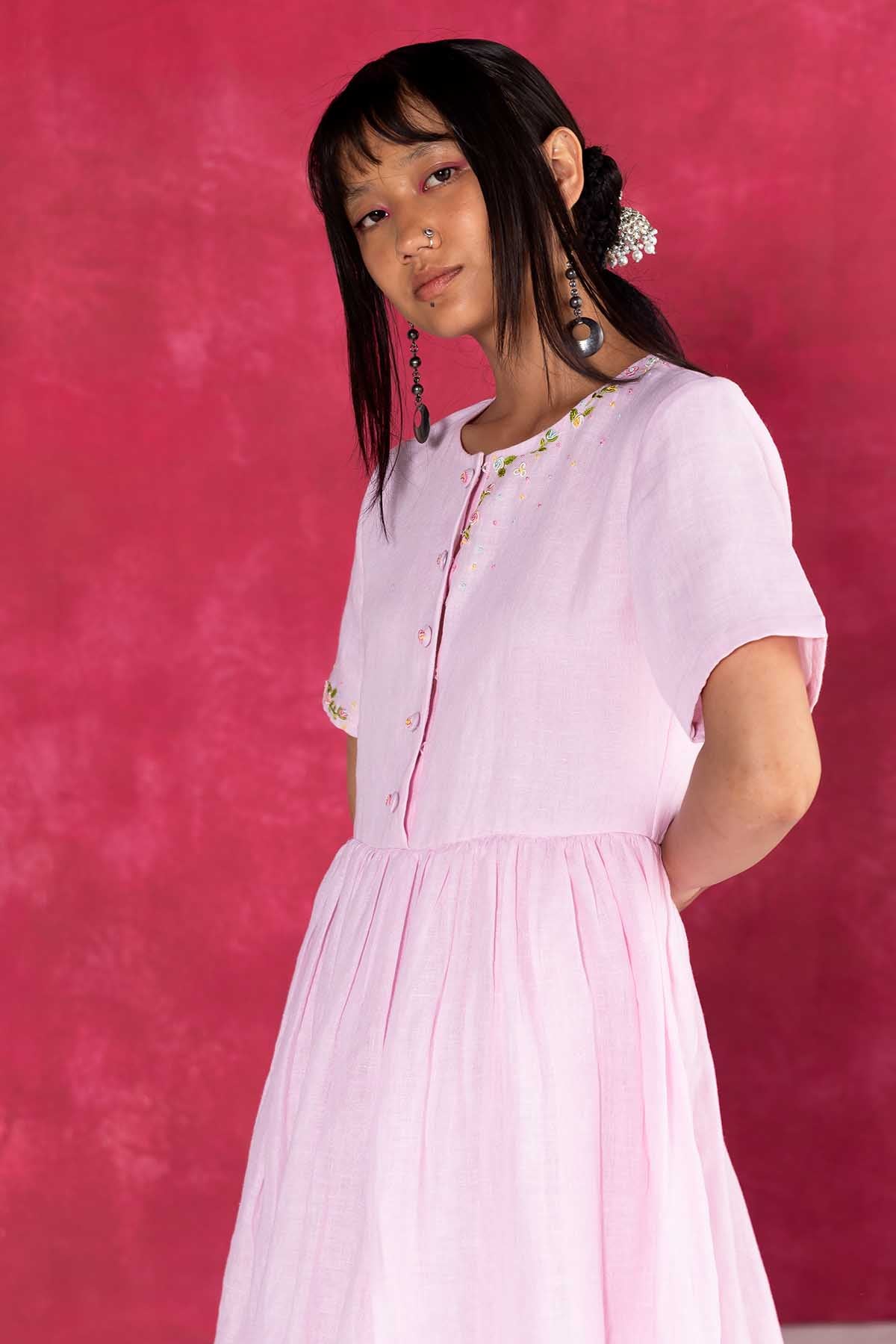 Pastel Pink Linen Midi Dress