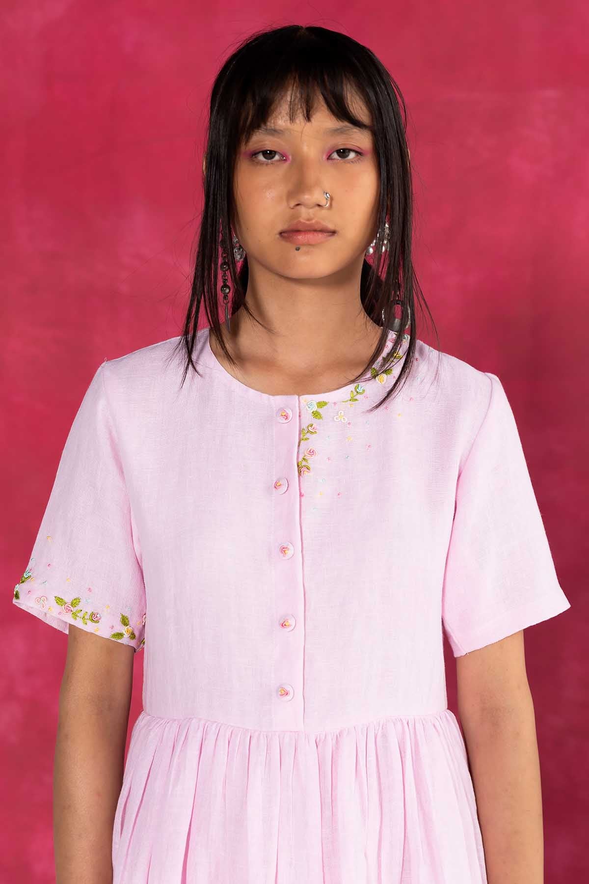 Pastel Pink Linen Midi Dress