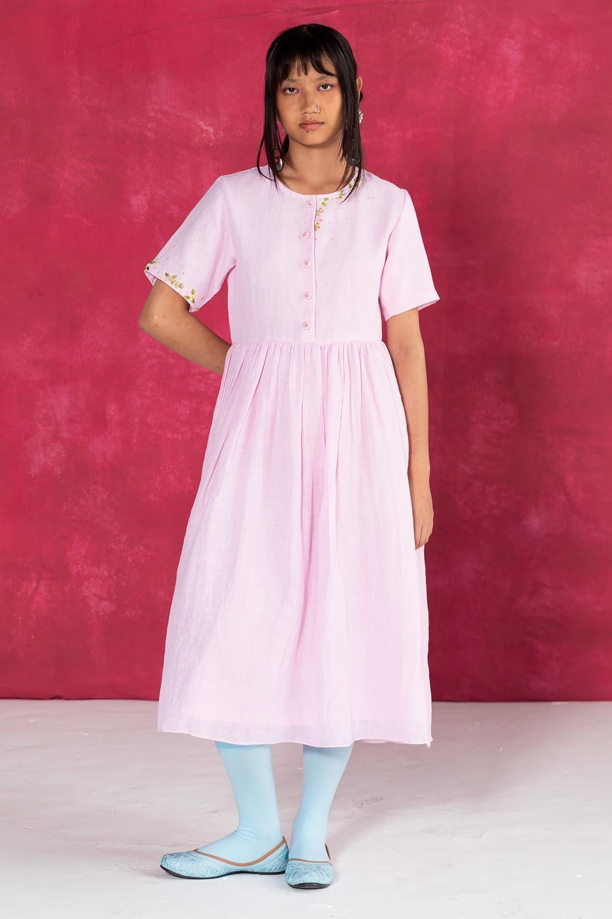 Buy Designer Pastel Pink Linen Midi Dress Online