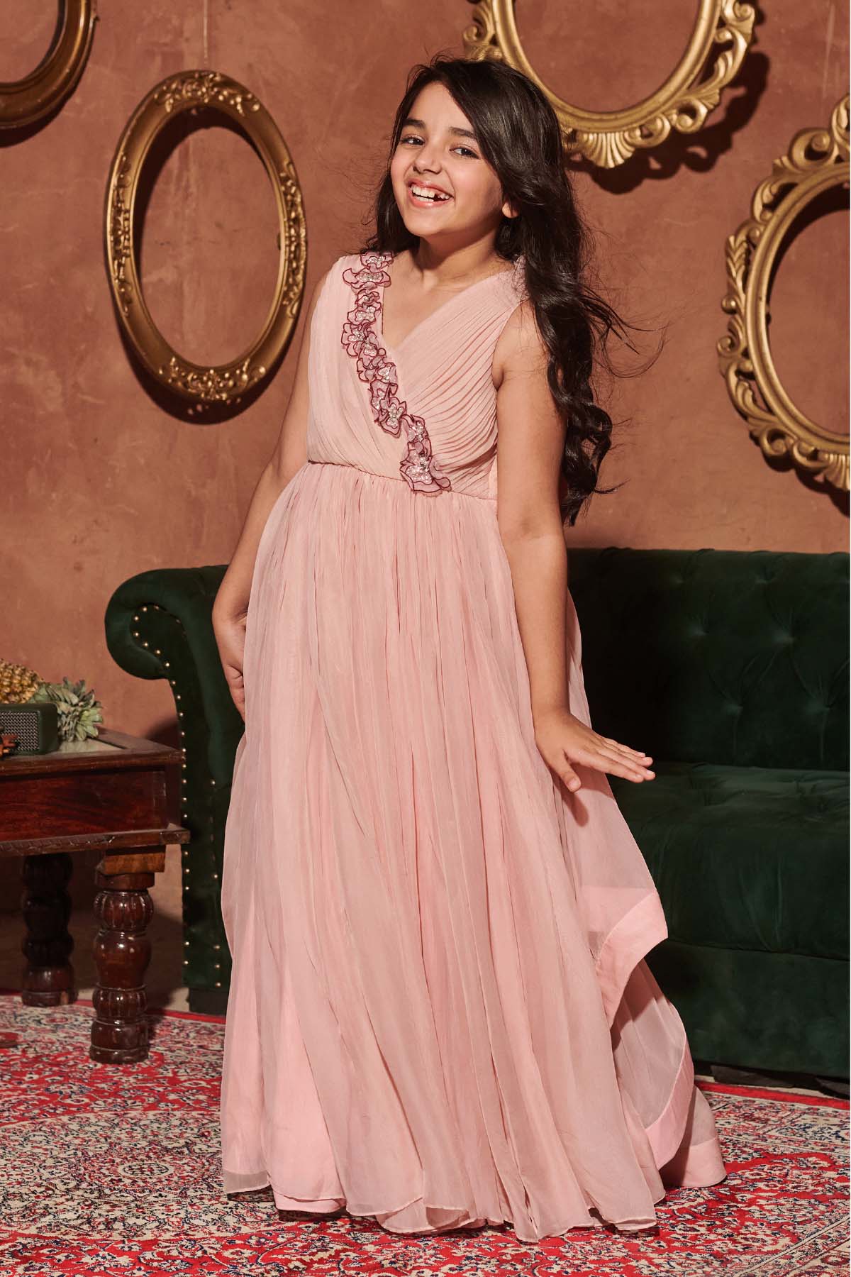 Designer Littleens Pastel Pink Organza Pleated Gown For Kids (Boys & Girls) Available online at ScrollnShops