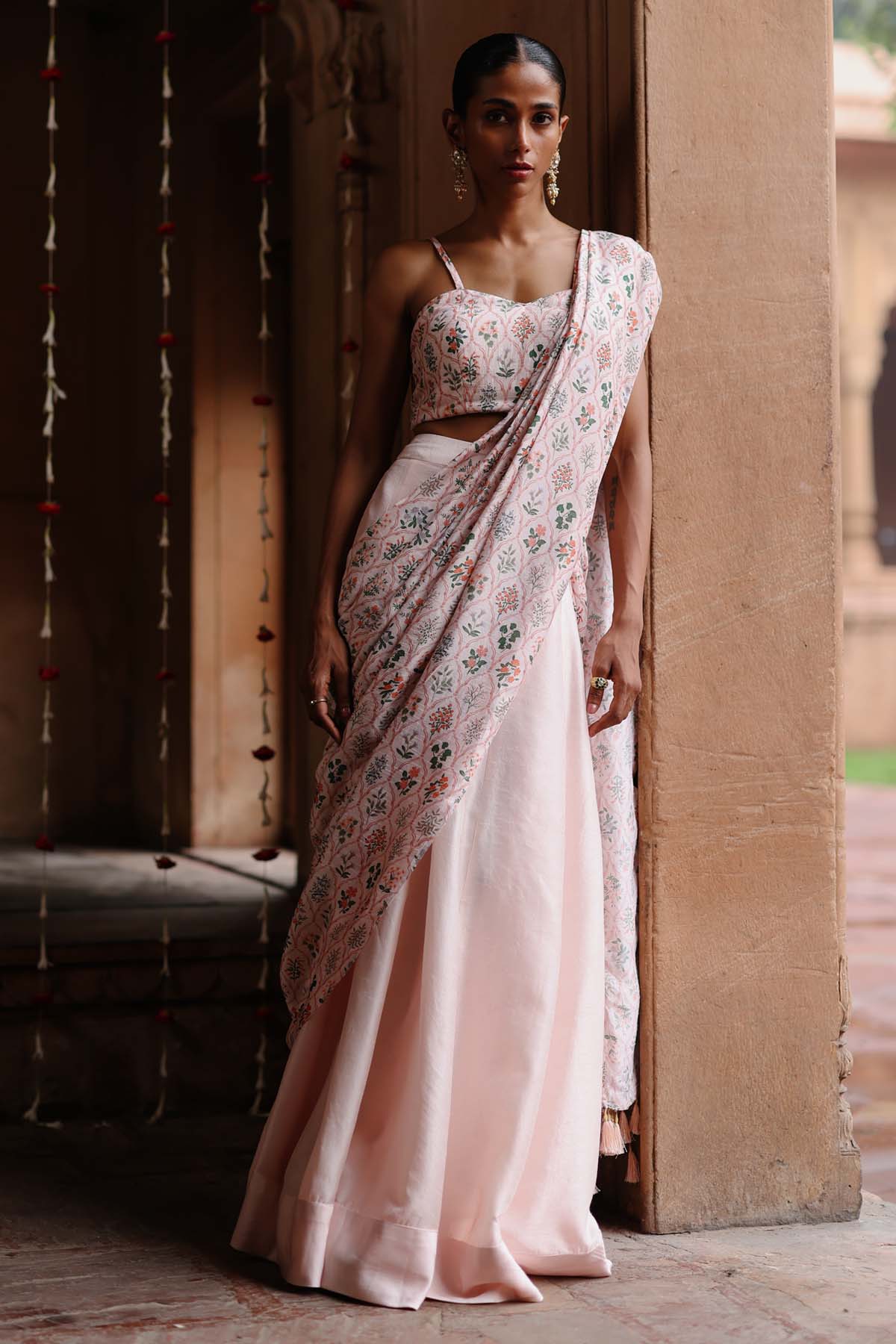 Megha Pitti Pastel Pink Pre-Draped Saree for women online at ScrollnShops