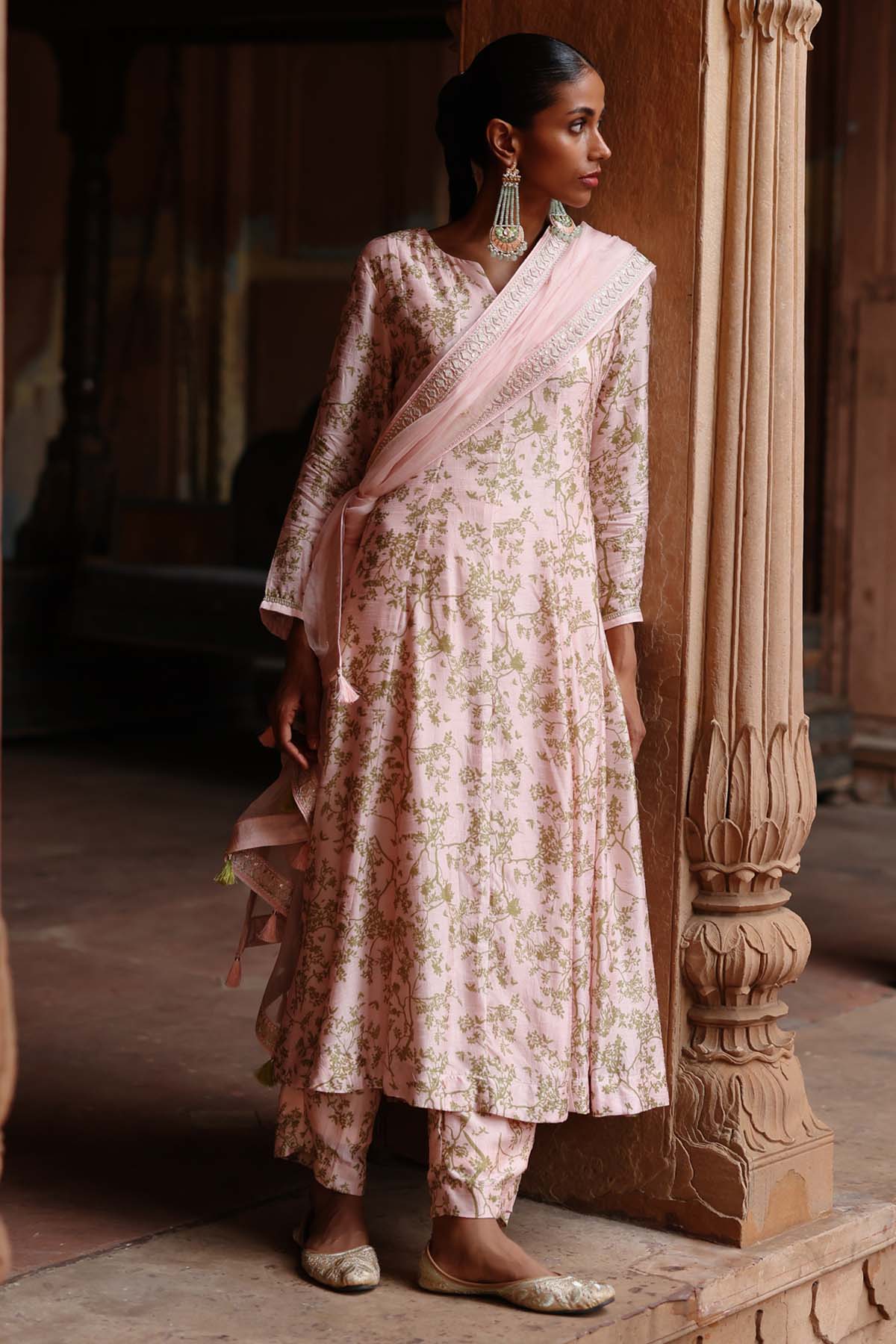 Megha Pitti Pastel Pink Print Anarkali Set for women online at ScrollnShops