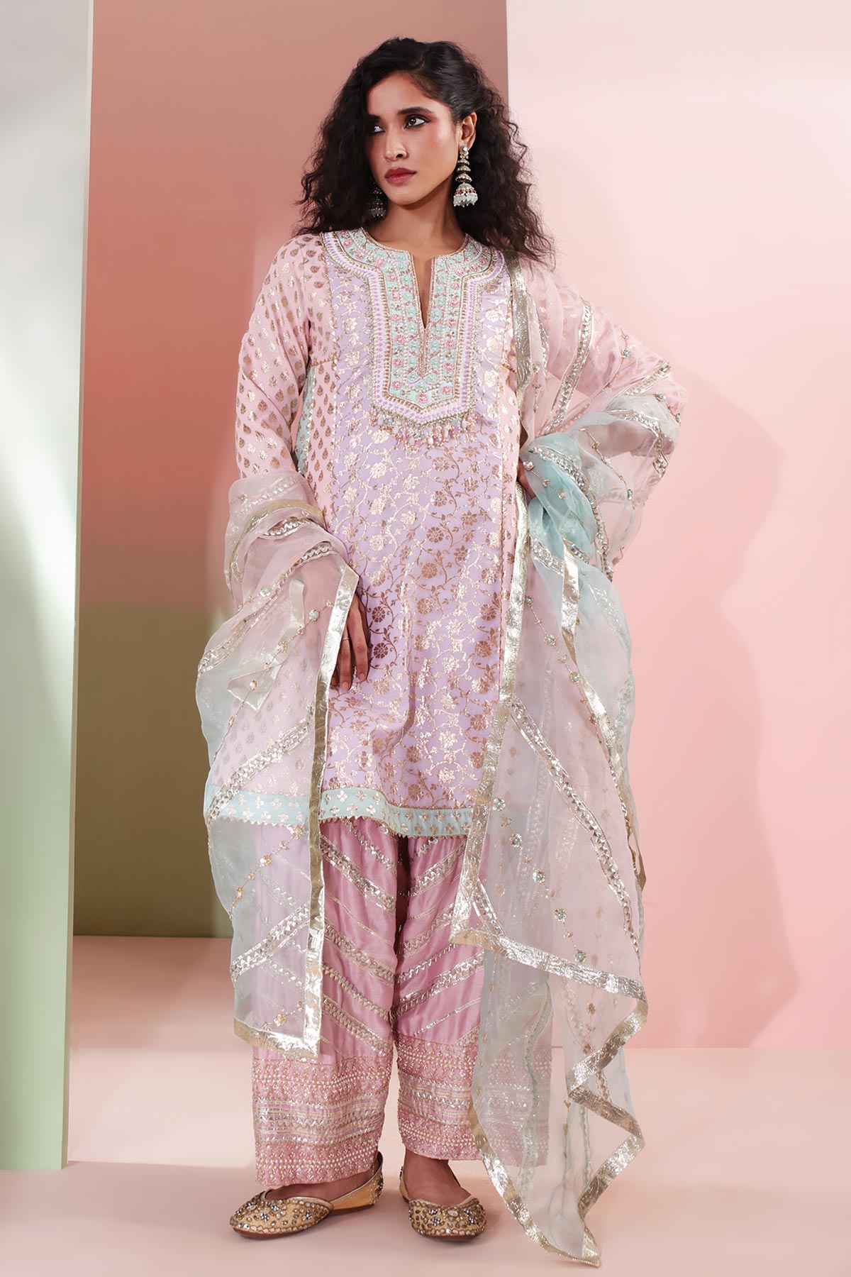 Buy Pastel Pink Zardozi Kurta Set Set for women by Priyanka Jain online available at scrollnshops