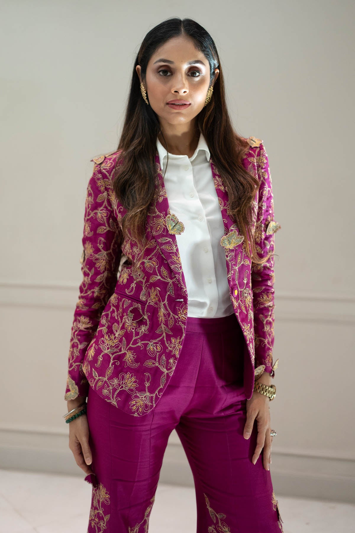 Magenta Embroidered Jacket Set