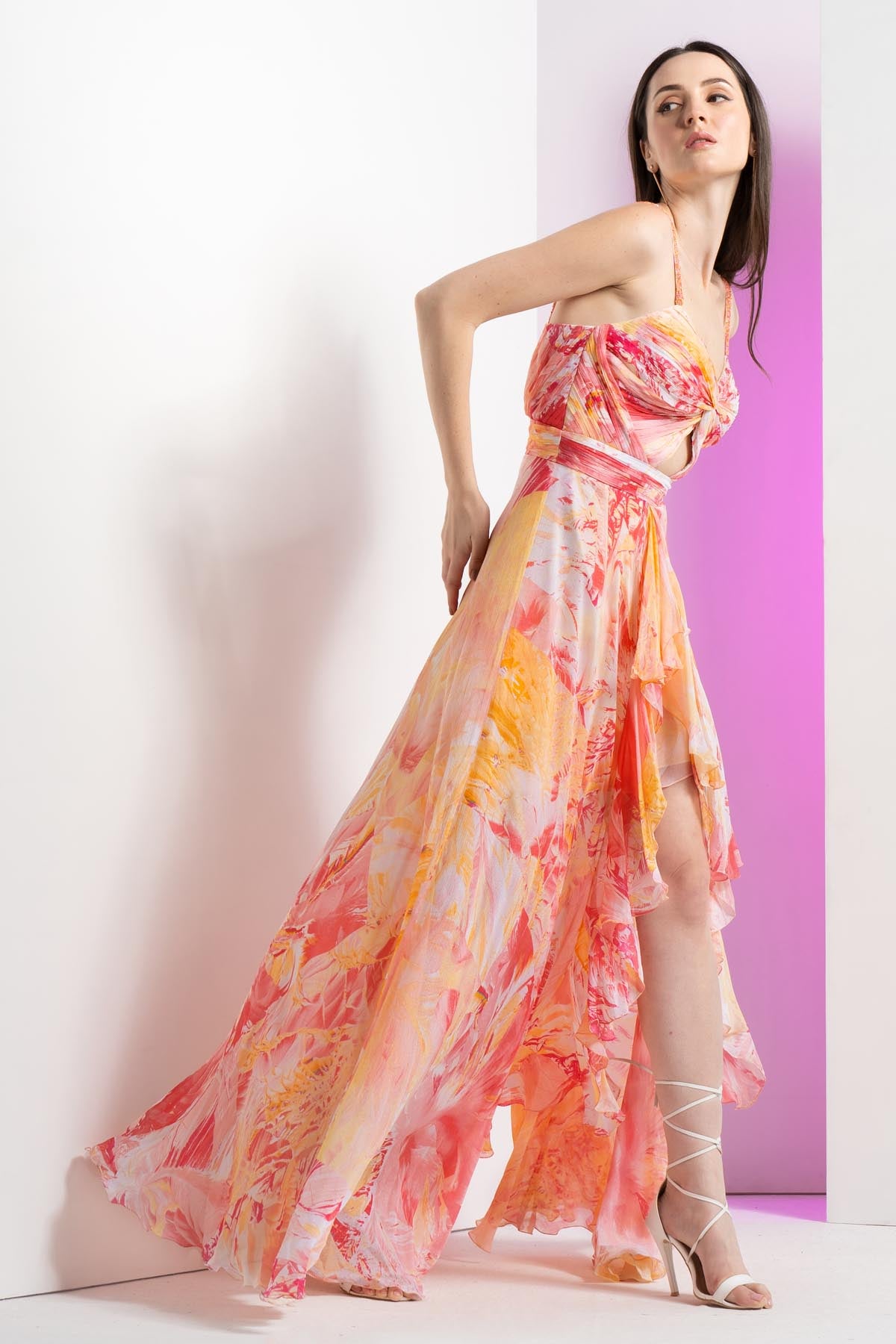 Peach Chiffon Asymmetric Dress