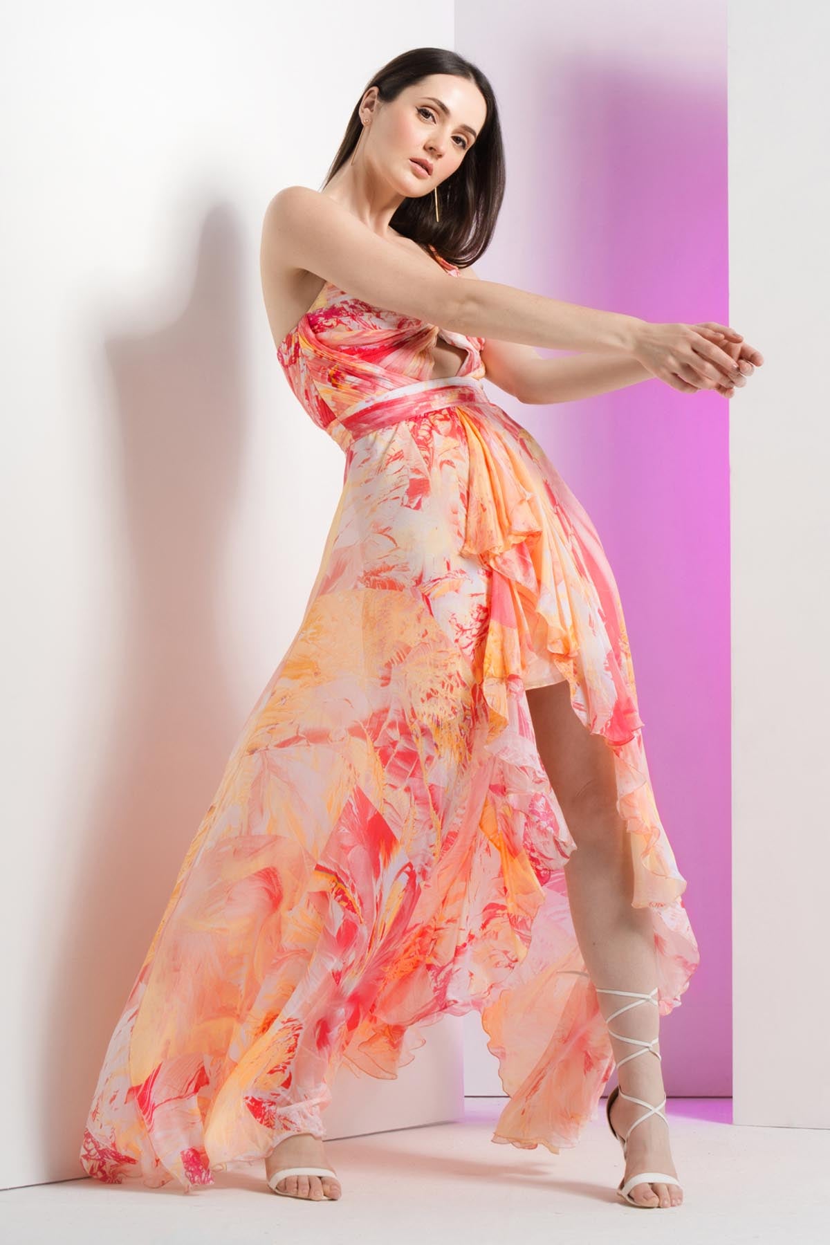 Peach Chiffon Asymmetric Dress