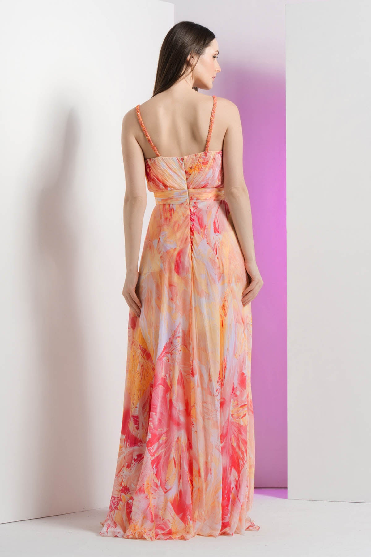 Peach Chiffon Asymmetric Dress