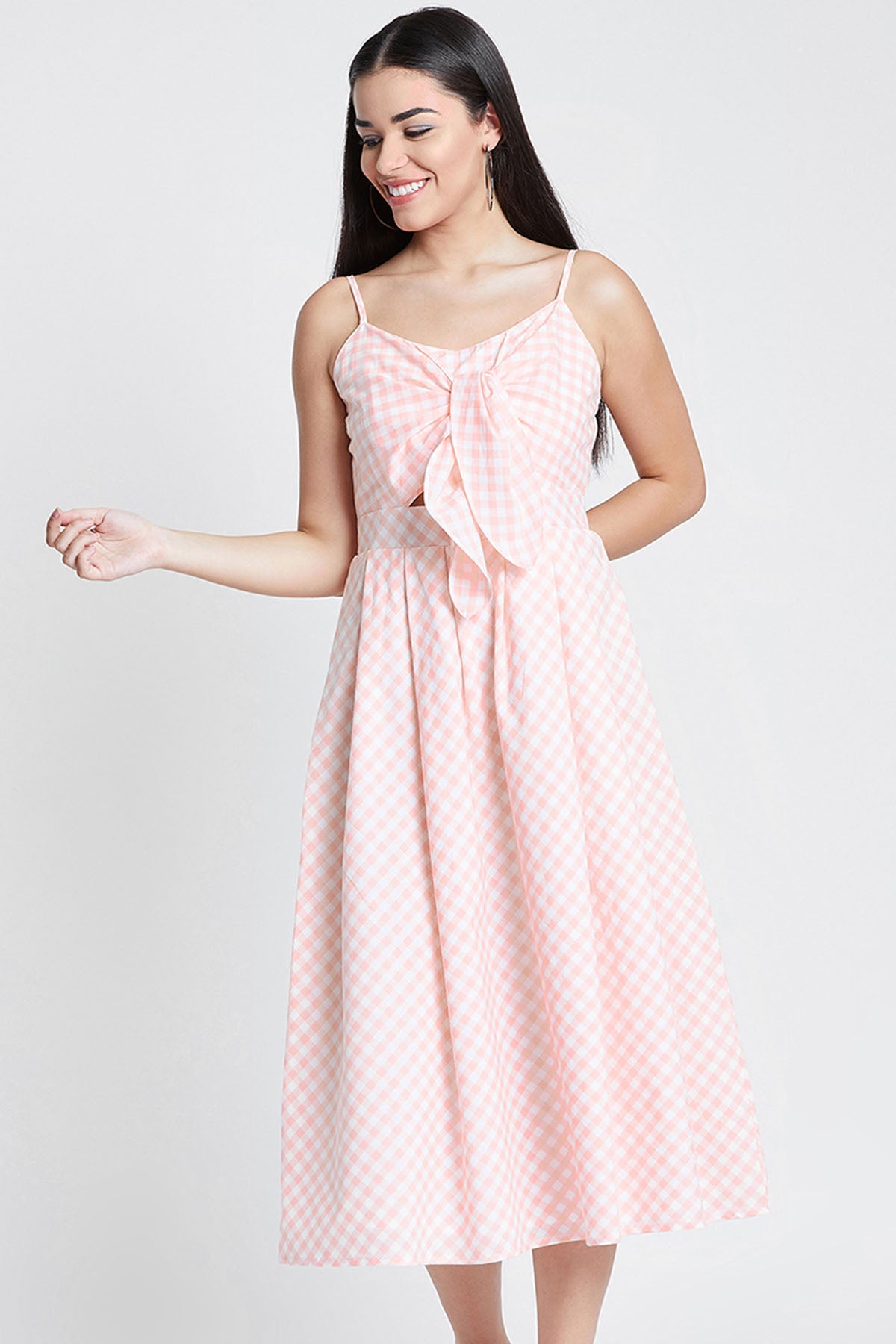 Peach Cotton Checkered Dress