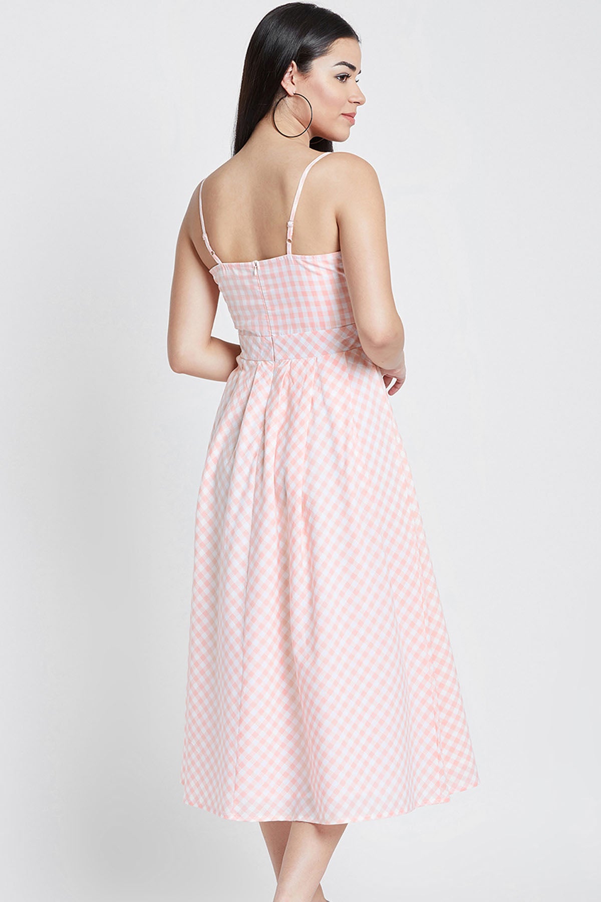 Peach Cotton Checkered Dress