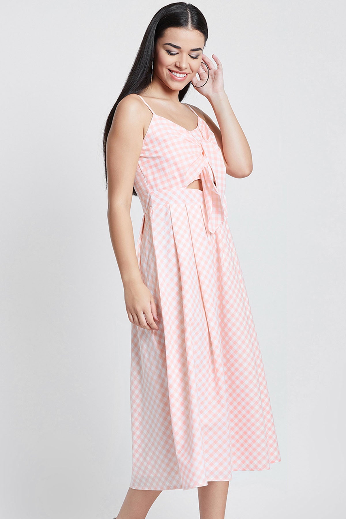 Peach Cotton Checkered Dress