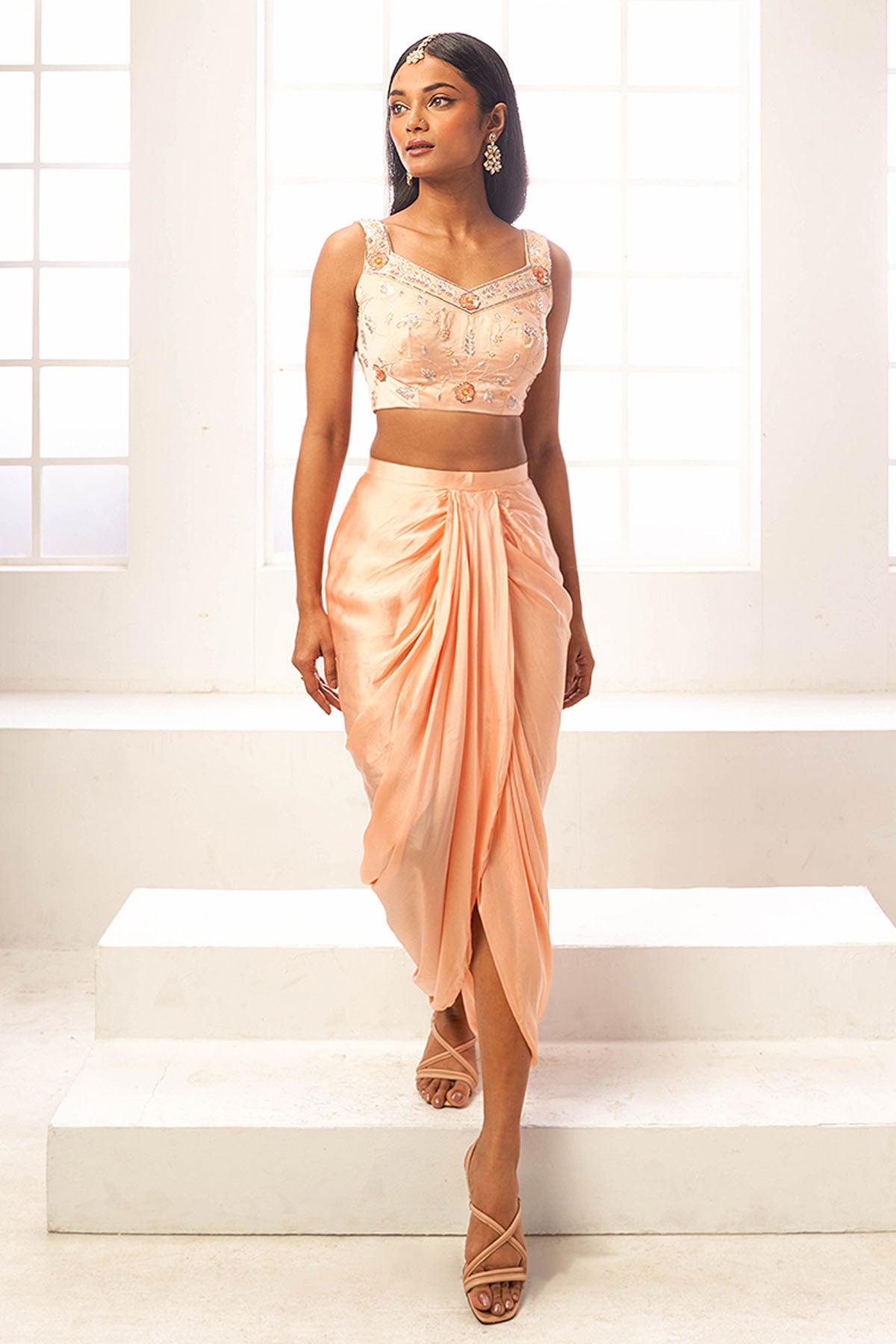 Peach Dhoti Skirt & Cape Set