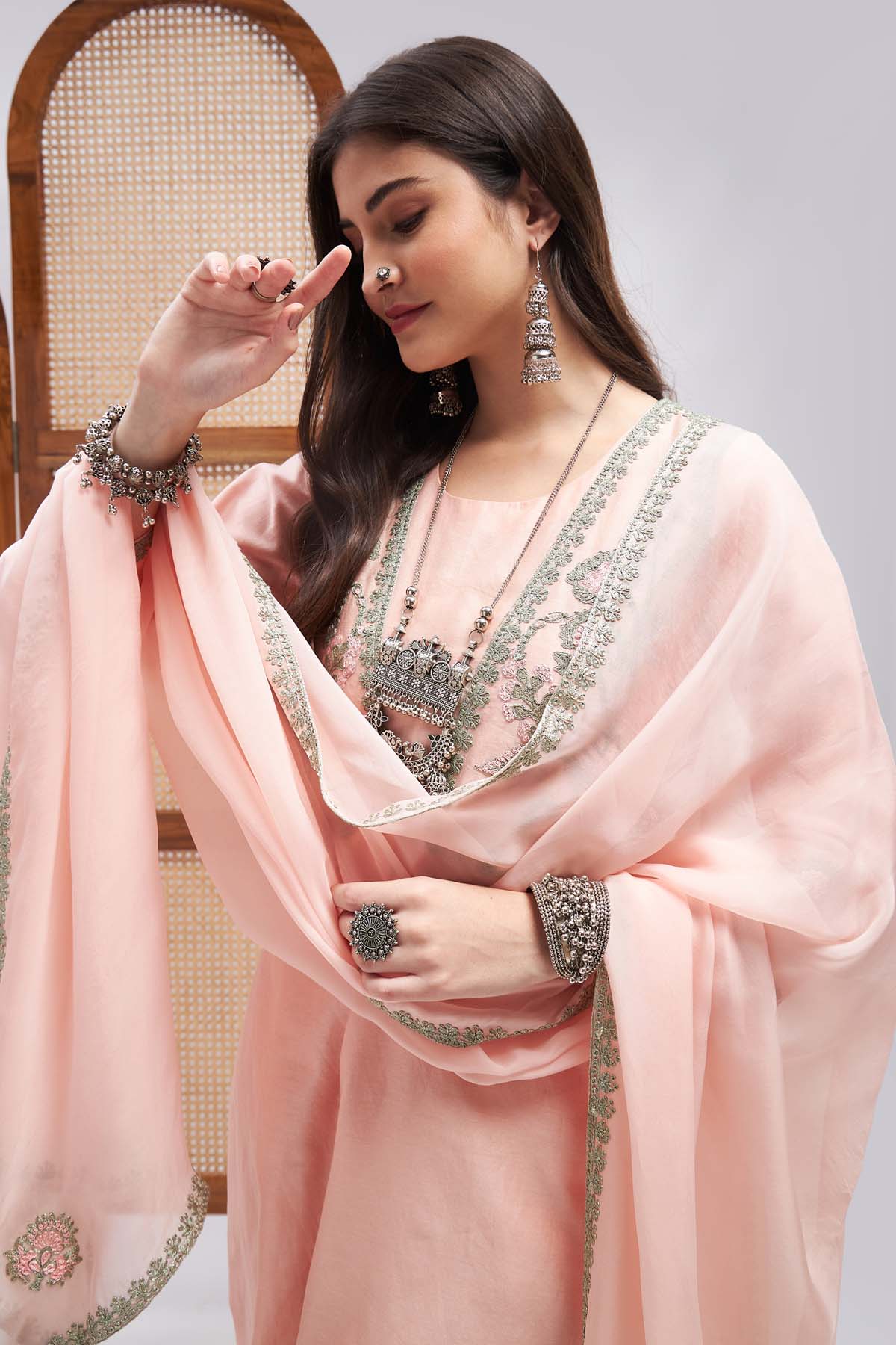 Peach Dori Embroidered Kurta Set