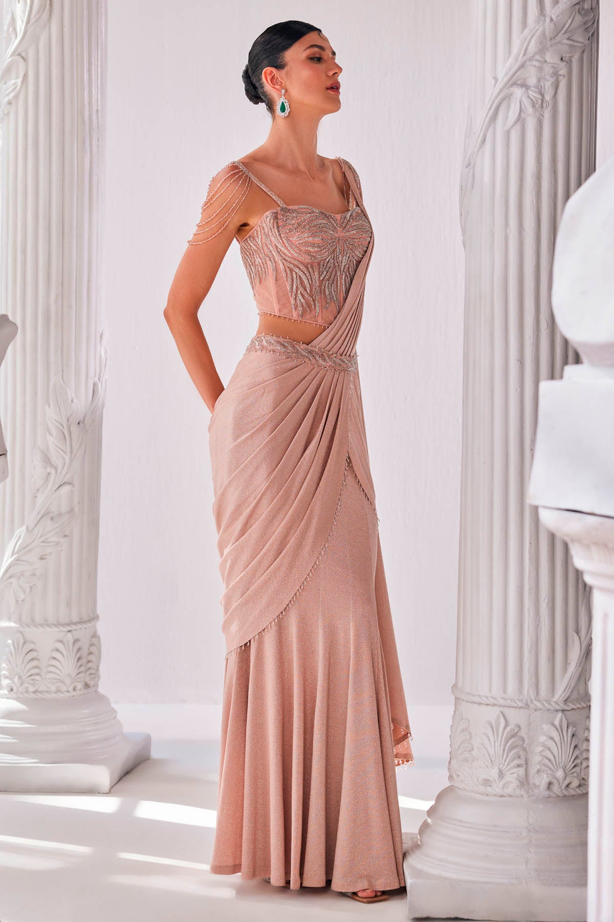 Peach Draped Shimmering Saree