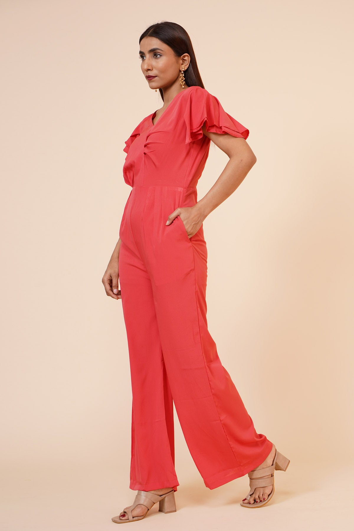 Peach Ruffle Sleeve Jumpsuit