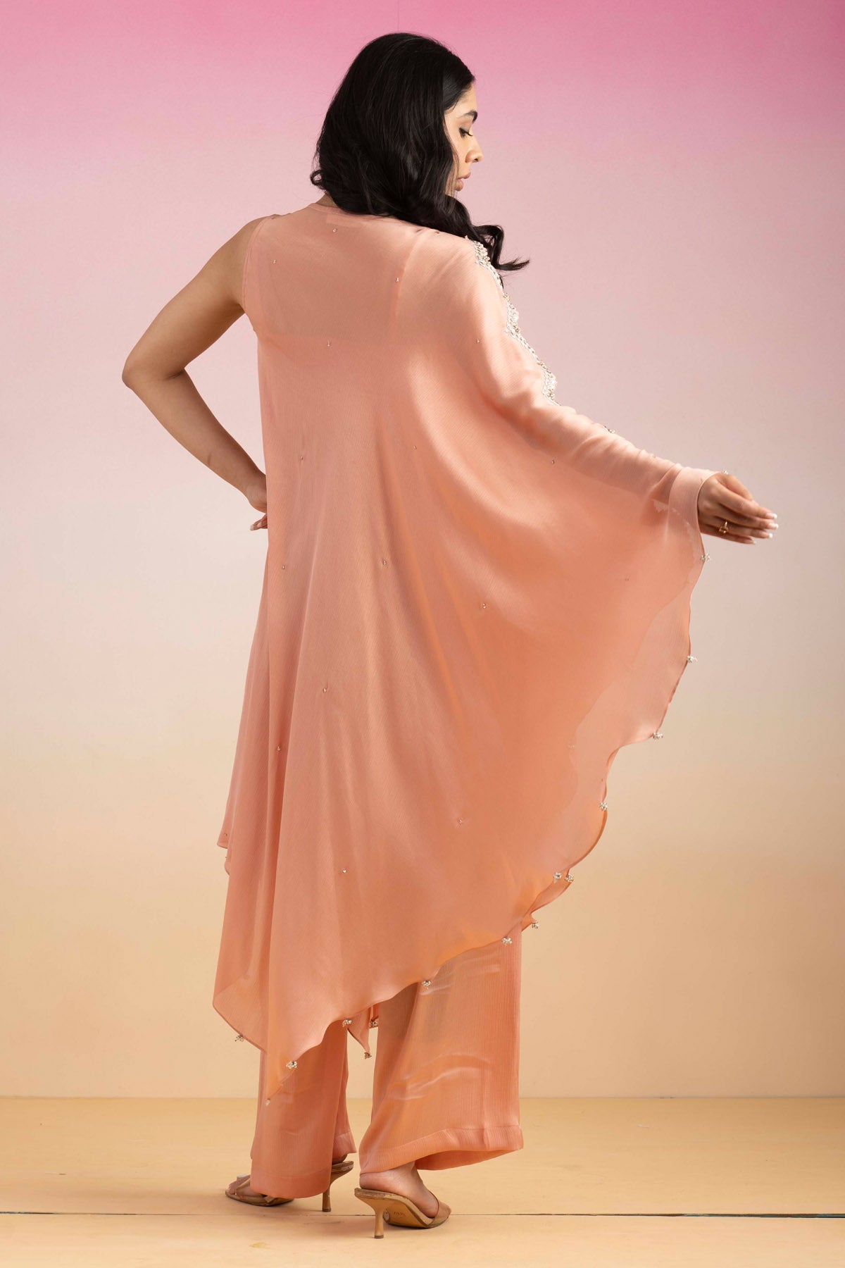 Peach Embroidered Cape Set