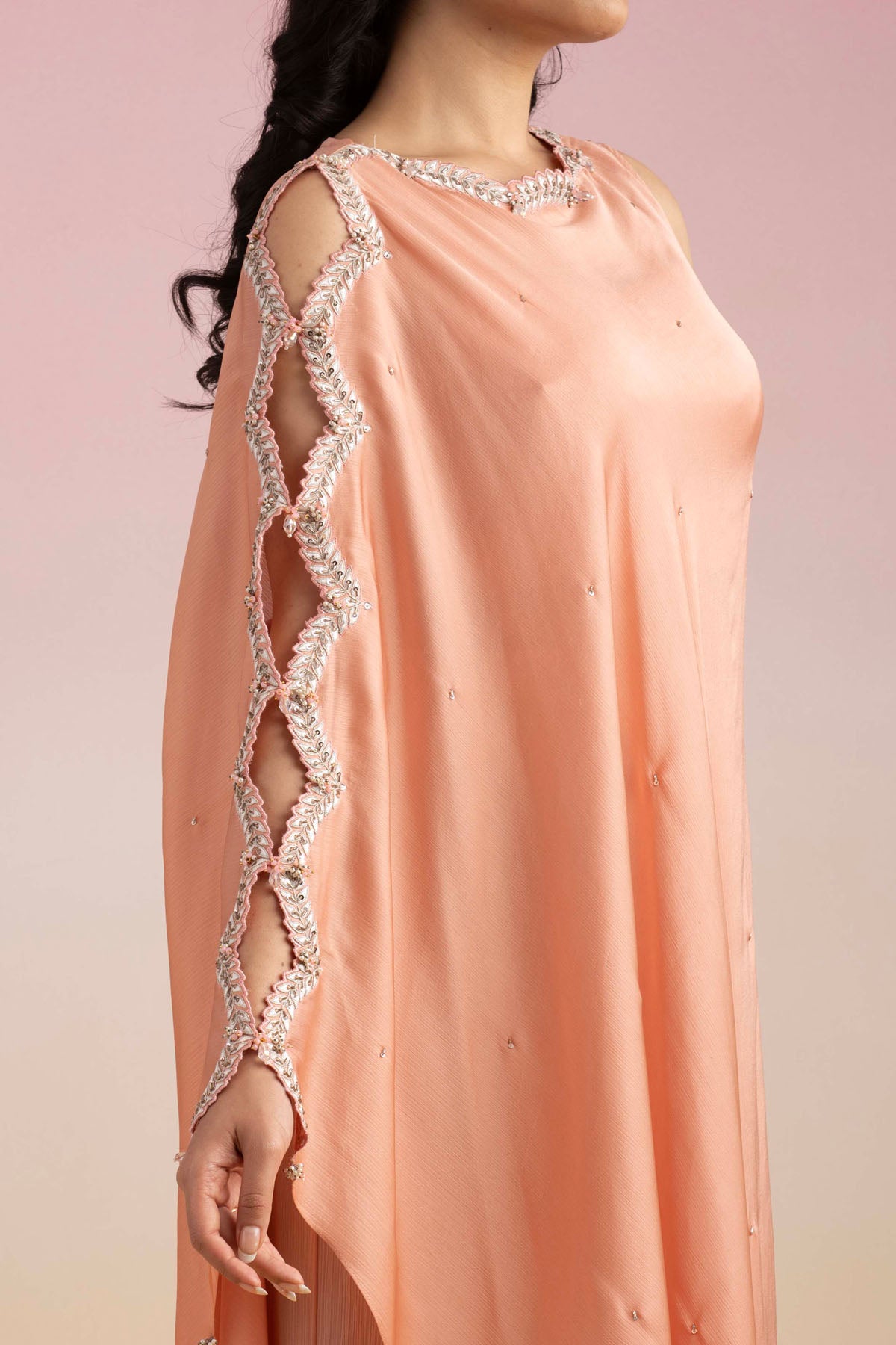Peach Embroidered Cape Set