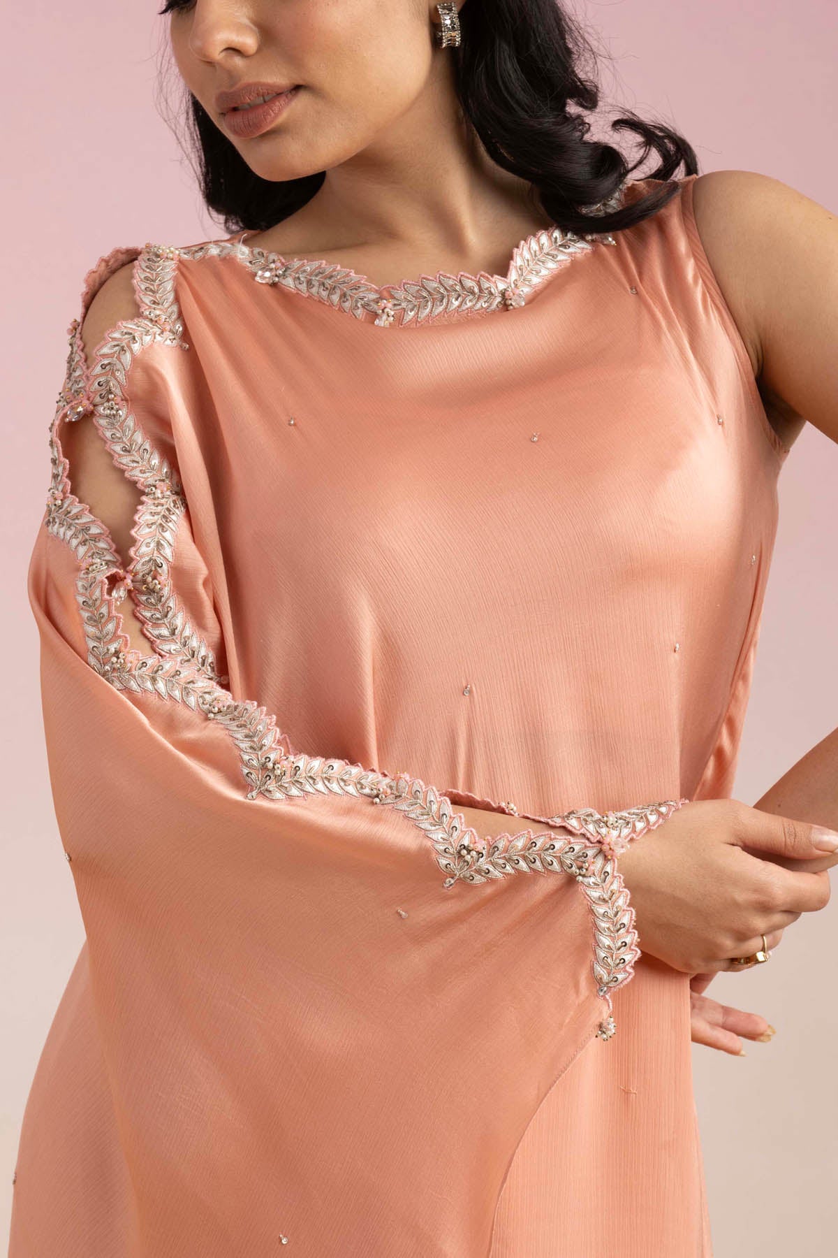Peach Embroidered Cape Set