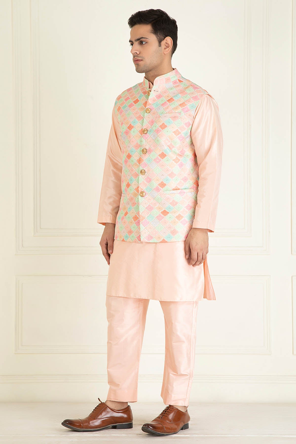 Peach Embroidered Jacket Set