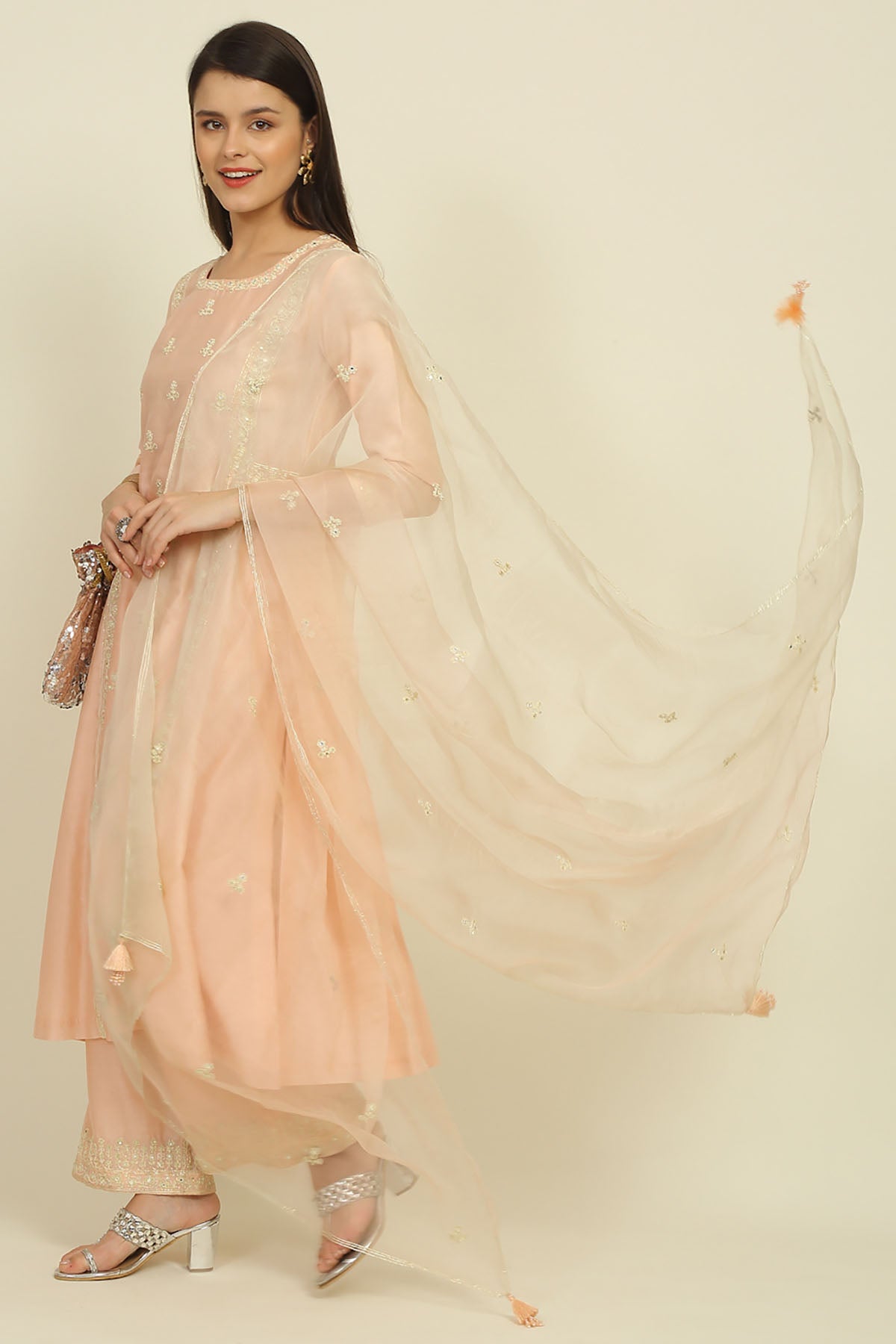 Peach Embroidered Kurta Set
