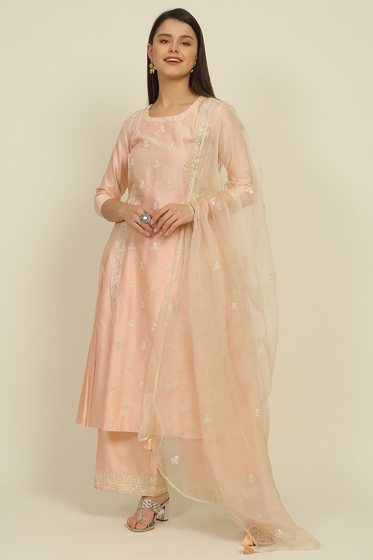 Peach Embroidered Kurta Set