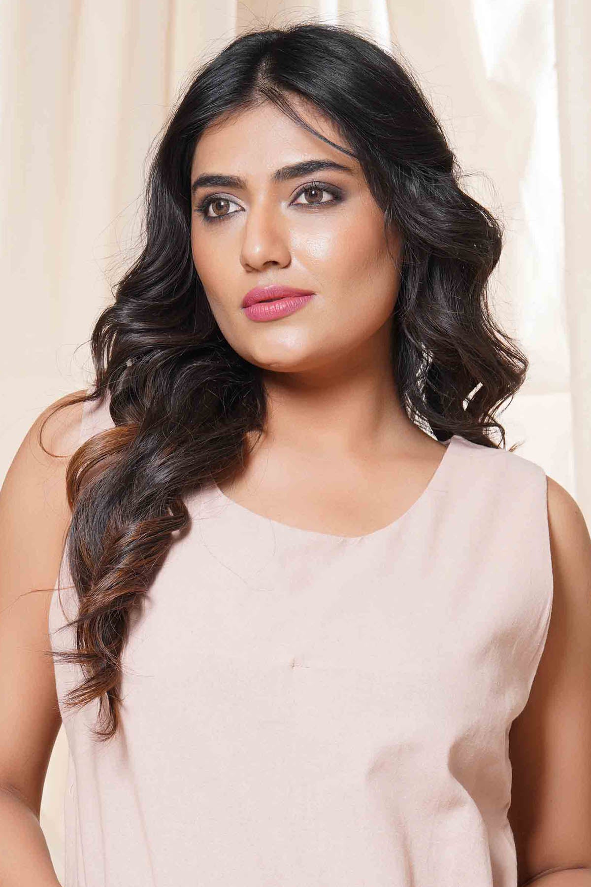 Peach Linen A-Line Midi Dress