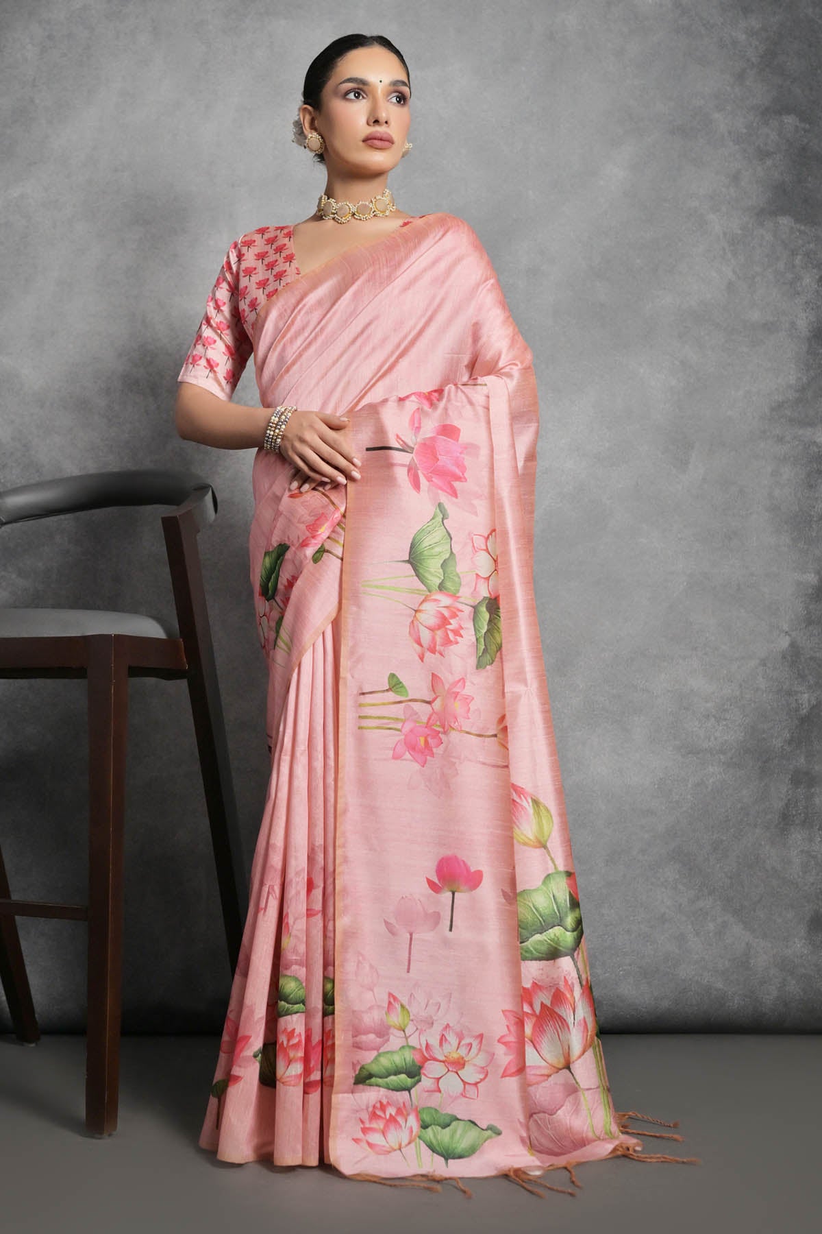 Peach Lotus Print Silk Saree