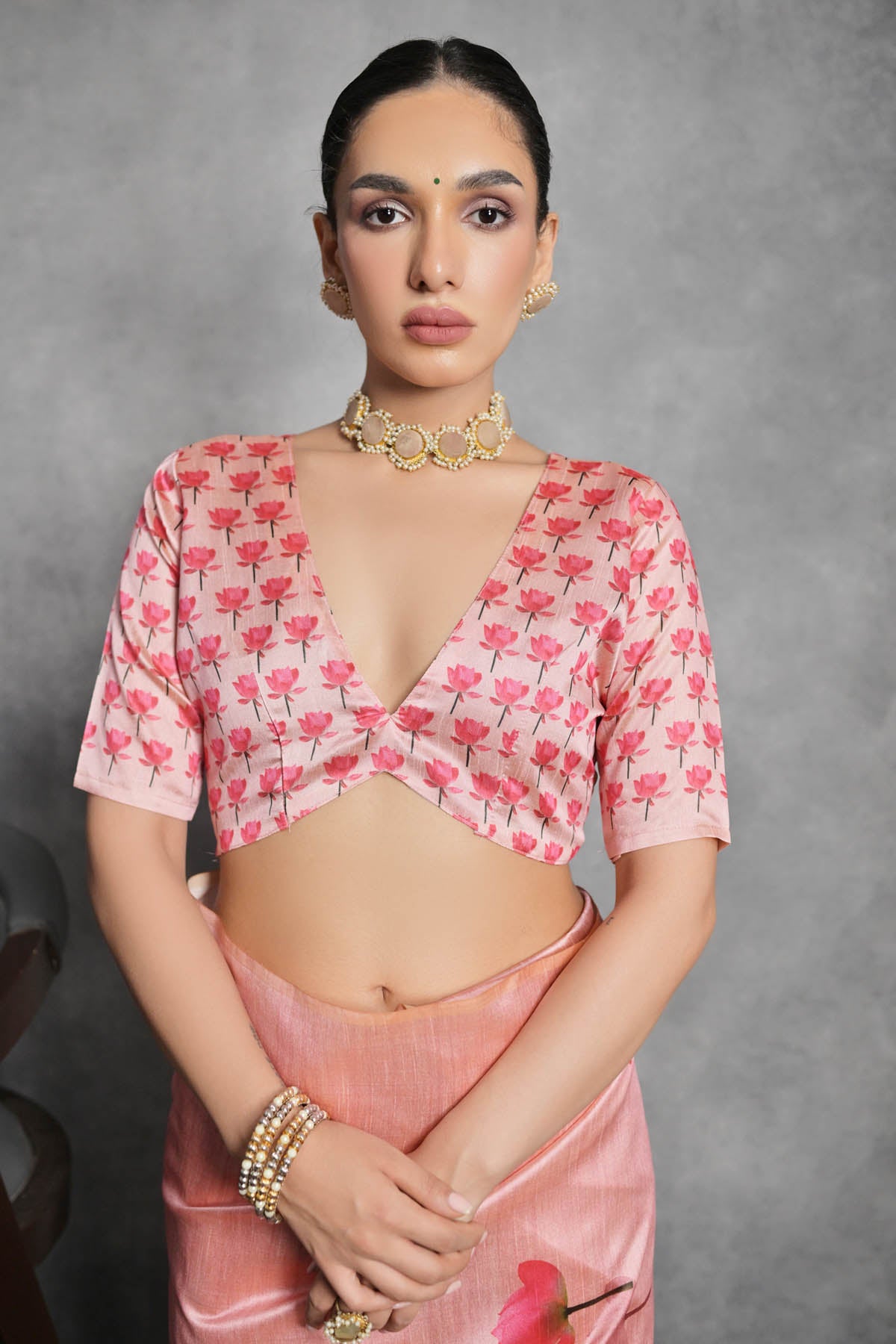 Peach Lotus Print Silk Saree