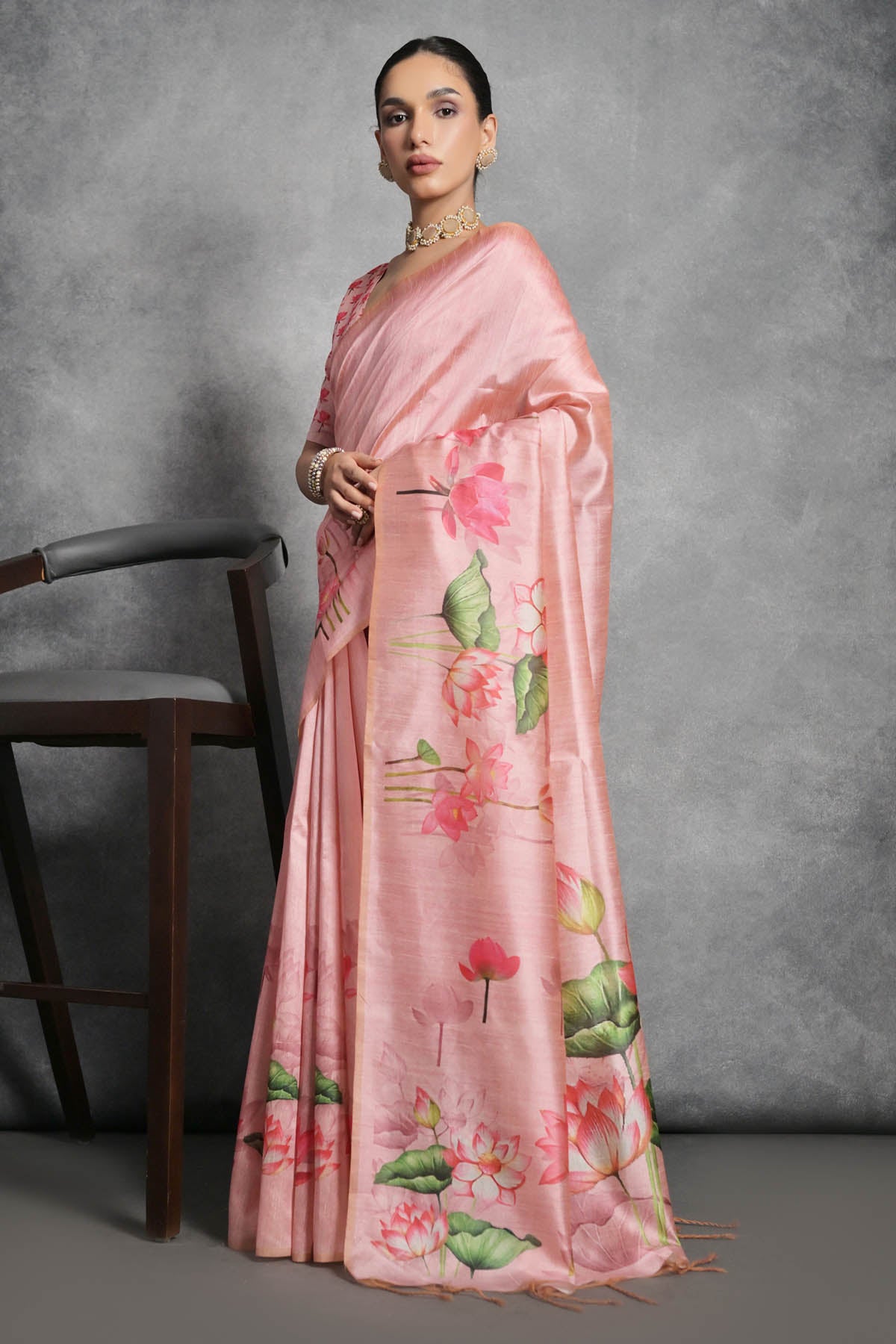 Peach Lotus Print Silk Saree