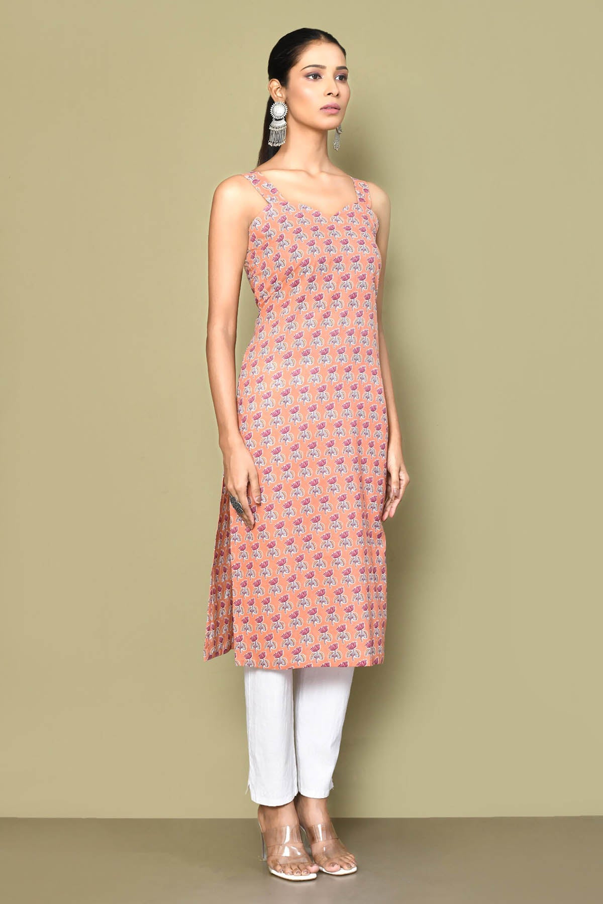 Peach Lotus Printed Kurta