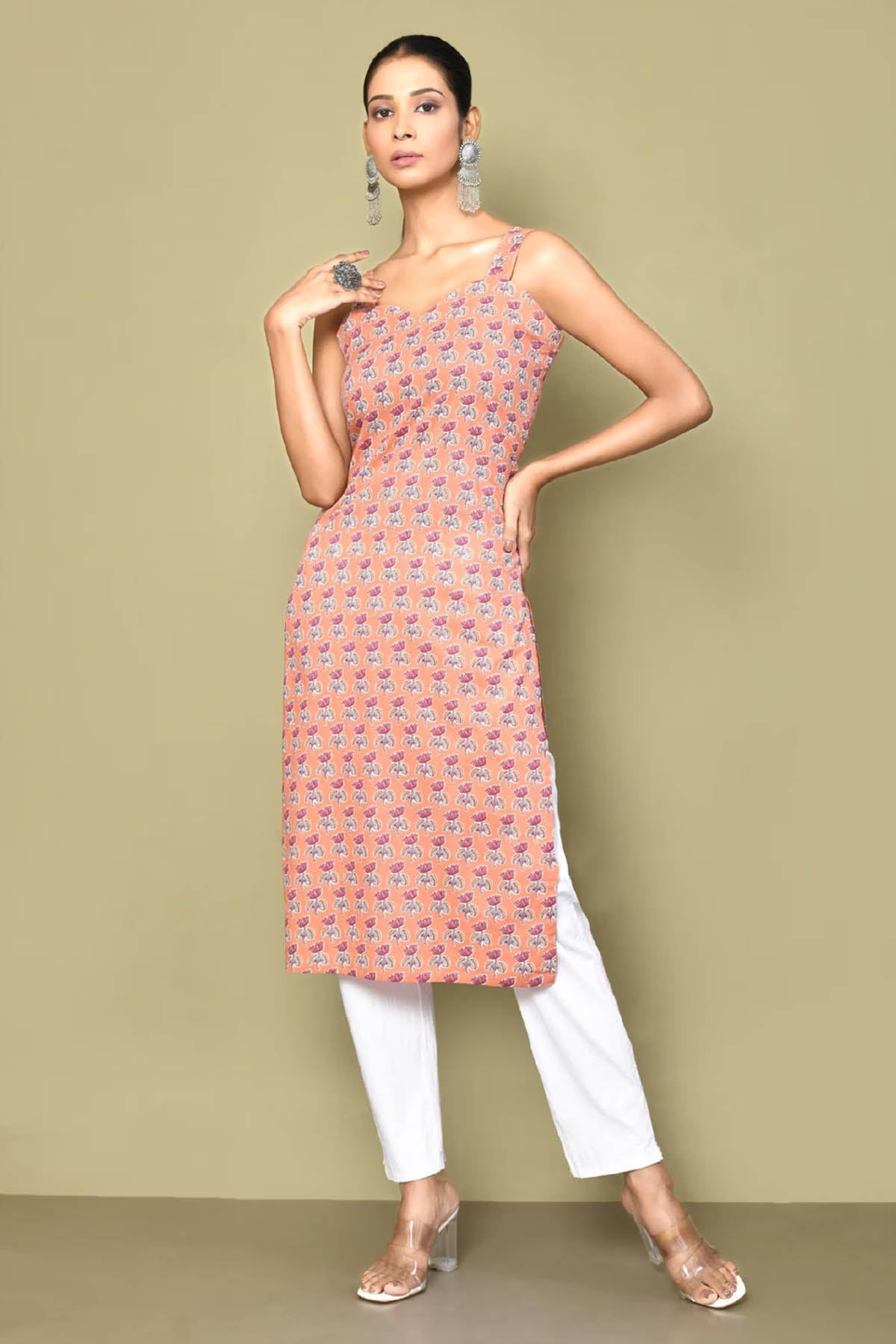 Peach Lotus Printed Kurta