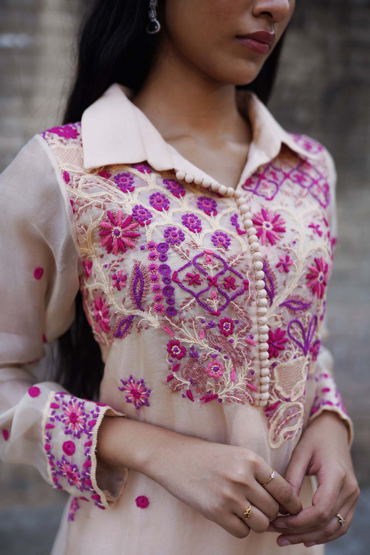 Peach Luxe Organza Lucknowi Kurti