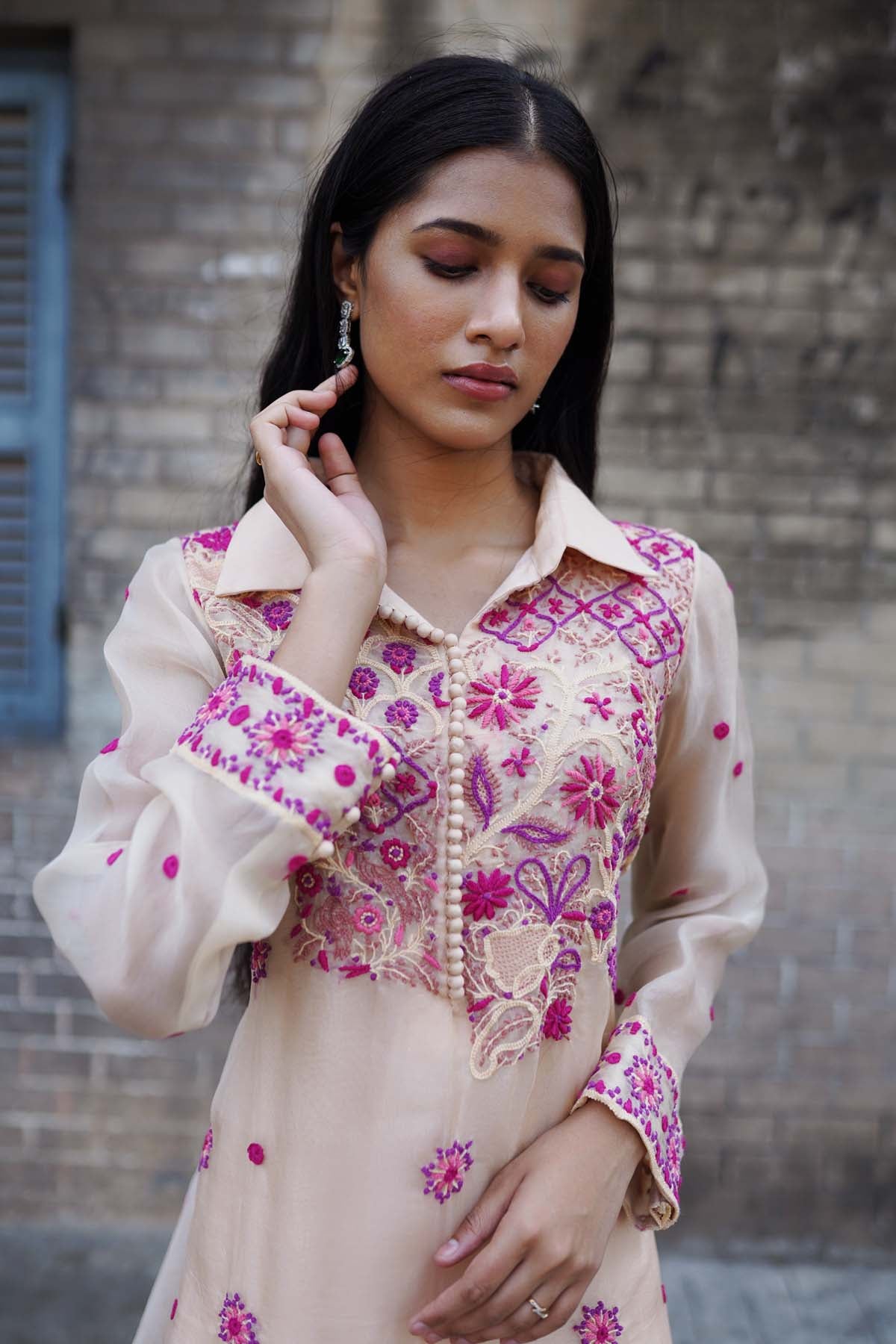 Peach Luxe Organza Lucknowi Kurti