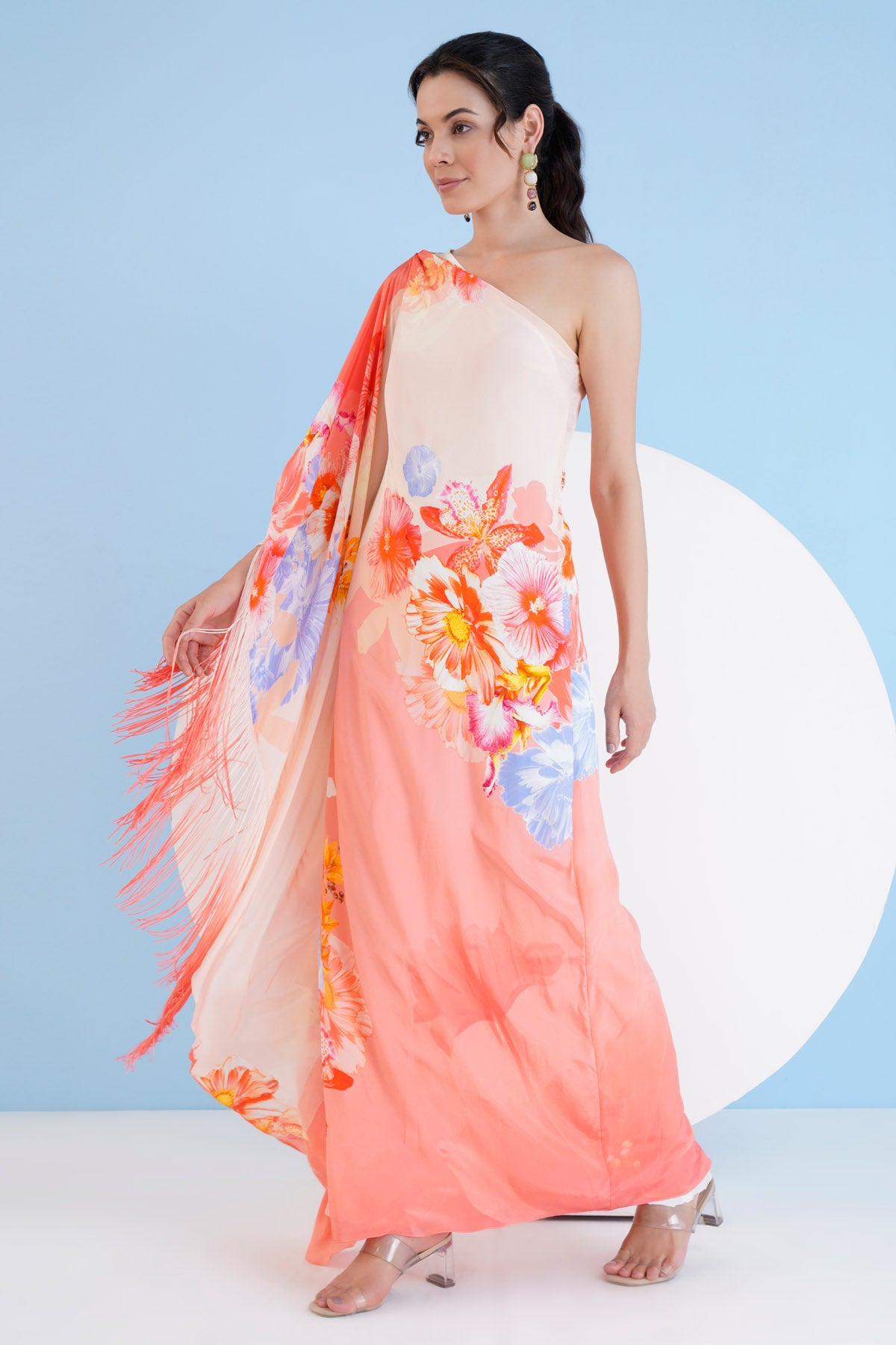 Peach One Shoulder Long Kaftan