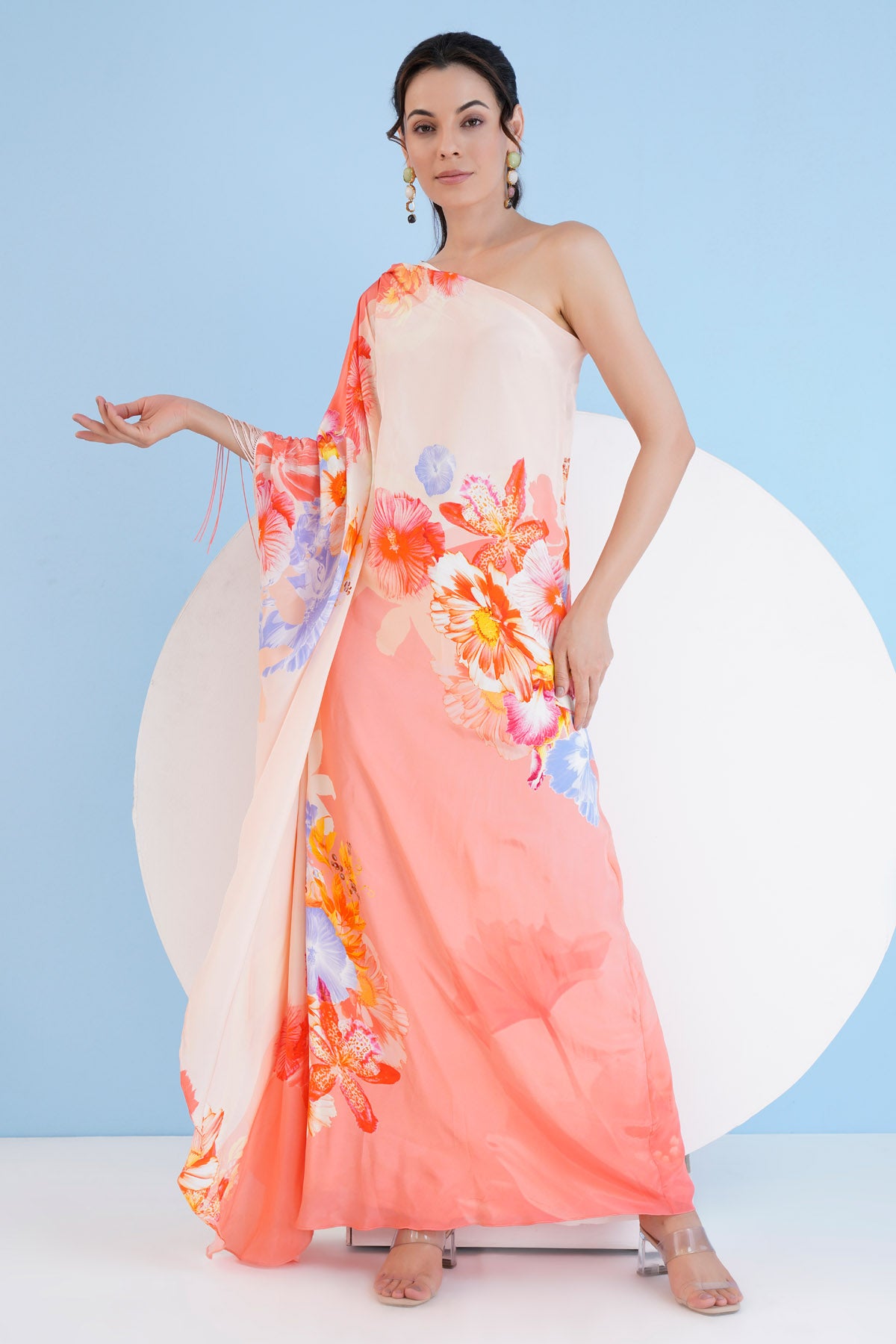 Peach One Shoulder Long Kaftan